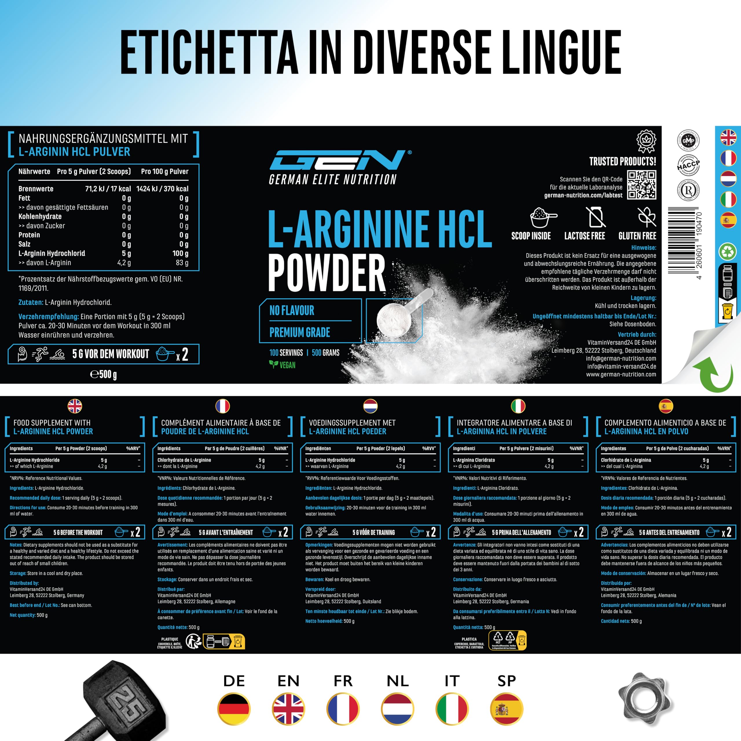 L-Arginina HCL - 500 g in Polvere - L-Arginina Cloridrato - Premium: Aminoacidi Vegetali - Solubilità Ottimale - Polvere Pura Senza Additivi - Vegano