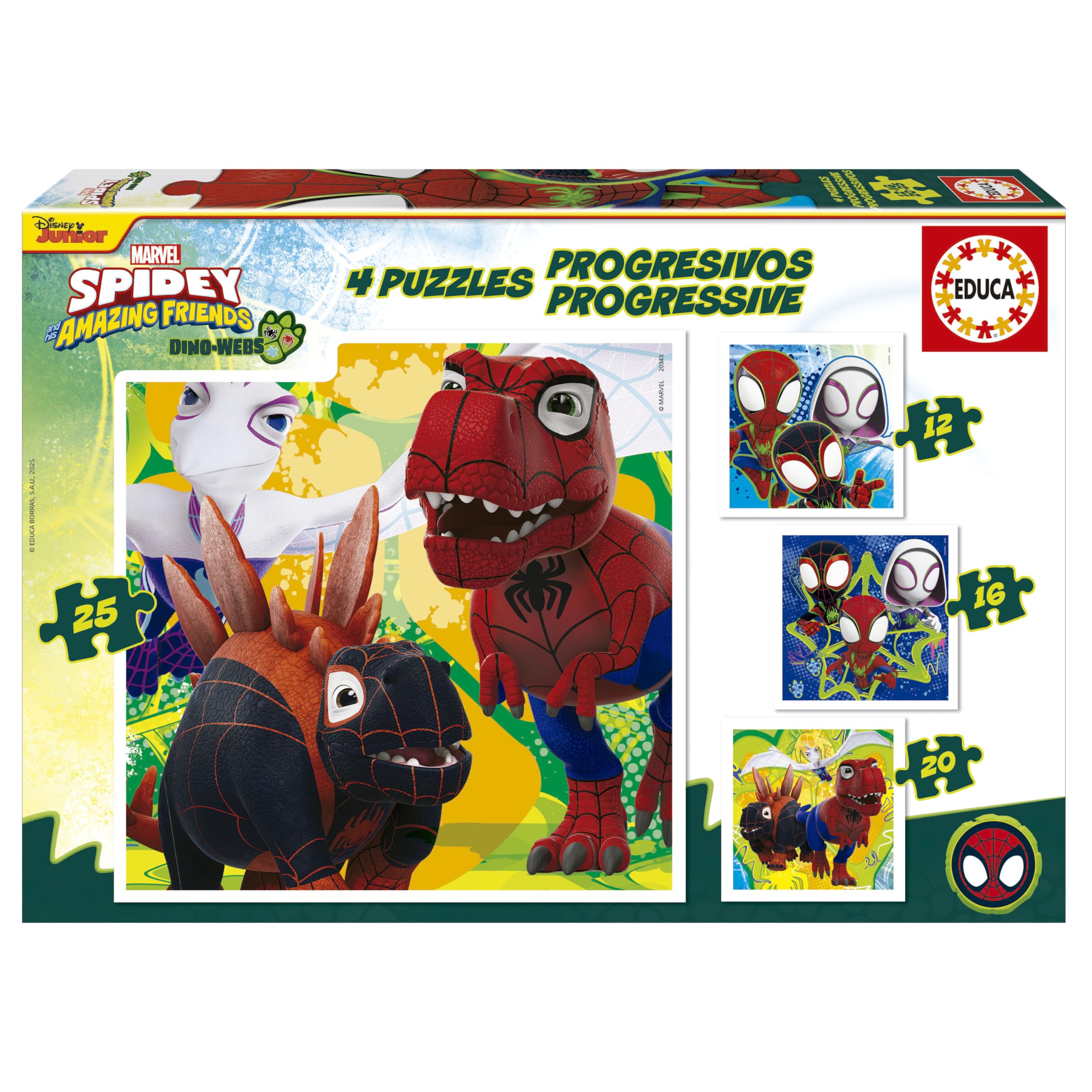 Educa - Spidey and His Amazing Friends 4 Progressive Jigsaw Puzzles for Toddlers | 12+16+20+25 Pieces | Fine Motor Skills Gift | Ages 3+ (20343)