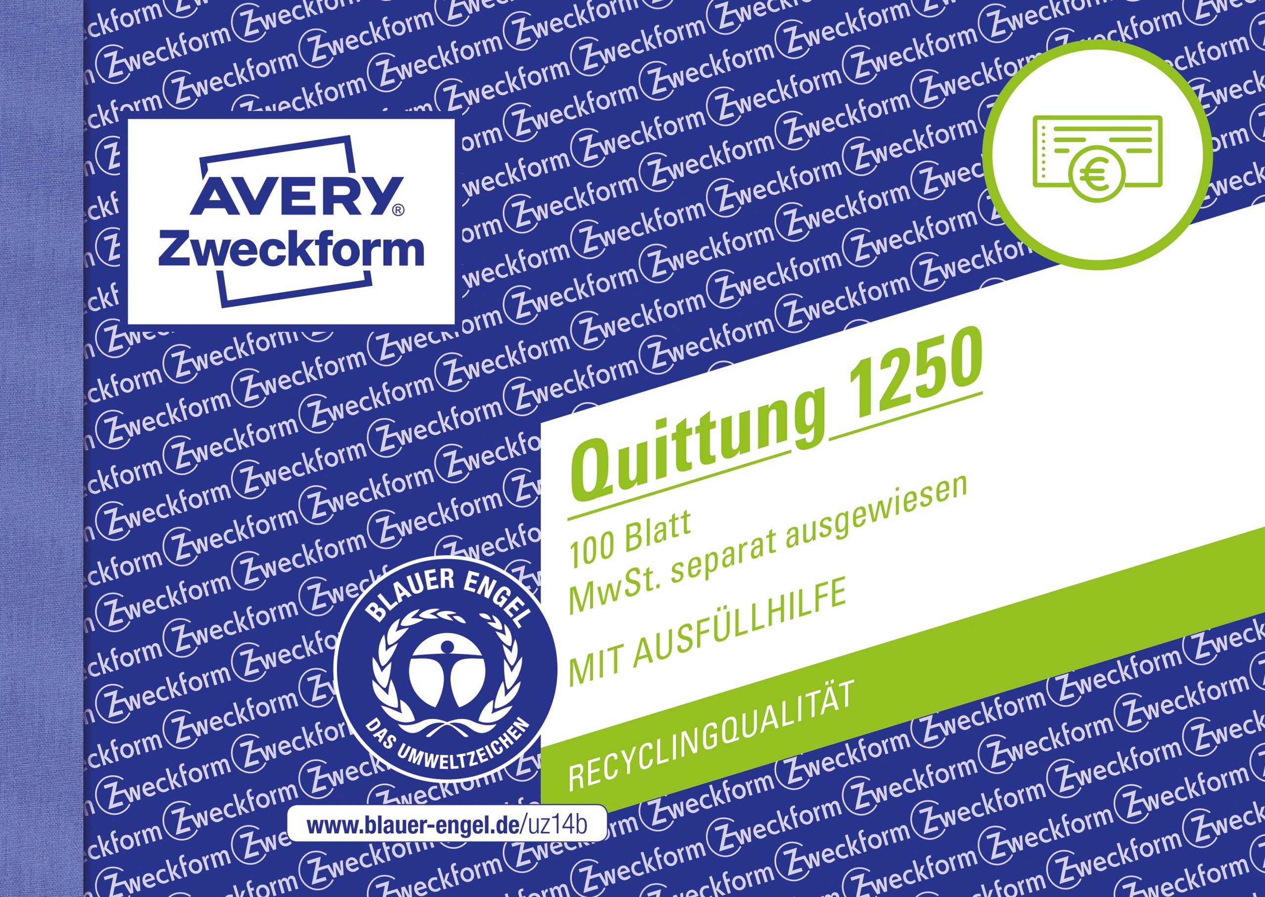 AVERY Zweckform 1250 Quittungsblock (A6 quer, 100 Blatt, fälschungssicher, separat ausgewiesene MwSt., mit 1 Blatt Blaupapier, für Deutschland und Österreich) weiß