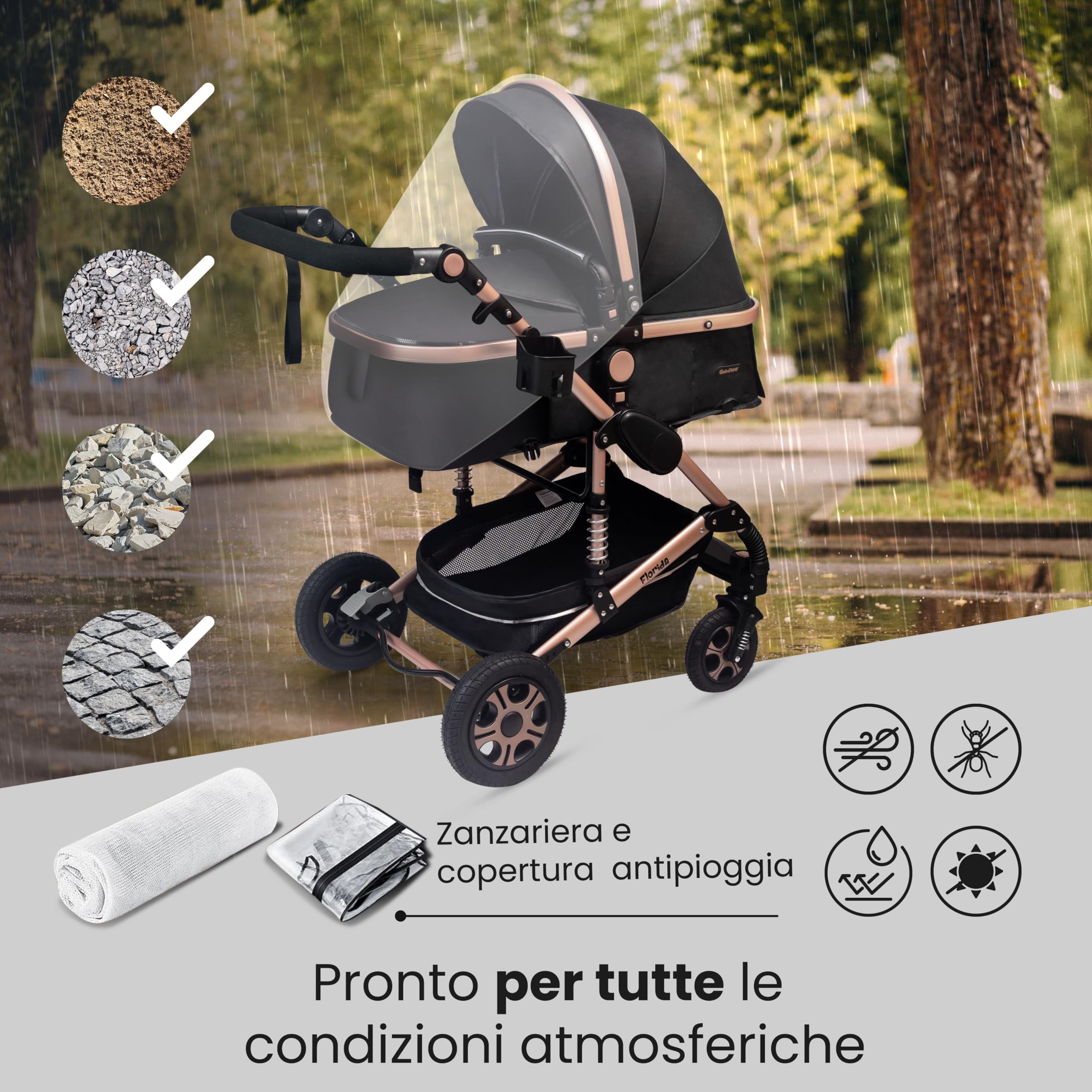 GaGaDumi Florida 3 in 1 Passeggino Trio, Carrozzina, Seggiolino Auto, Pieghevole, 0-36 mesi, Nero/Oro