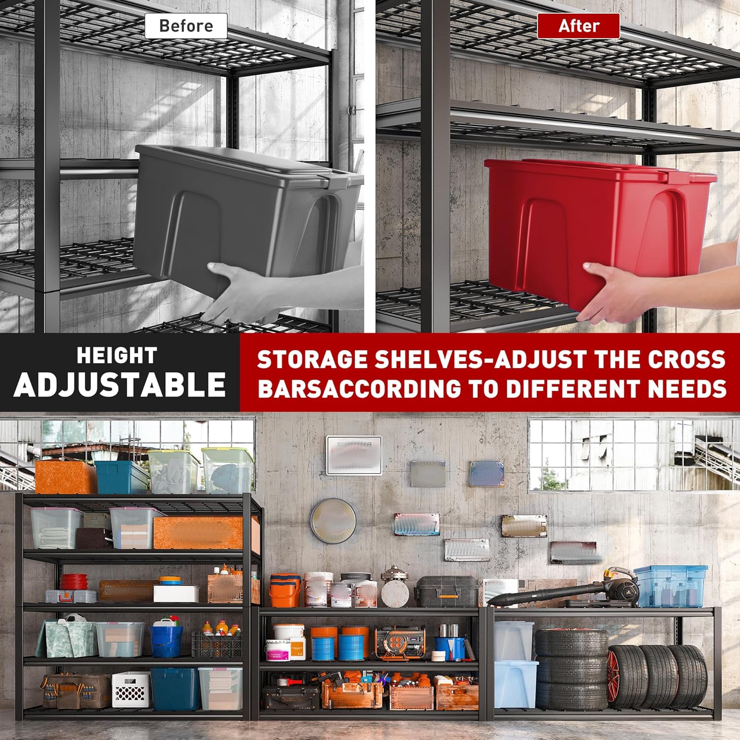 REIBII 48.2''W Garage Shelving Heavy Duty Metal Shelving 3000LBS Storage Shelves Adjustable Metal Shelves 5 Tier Garage Shelf for Basement Pantry Warehouse Supermarket 48.2" W x 24.2" D x 72.2" H