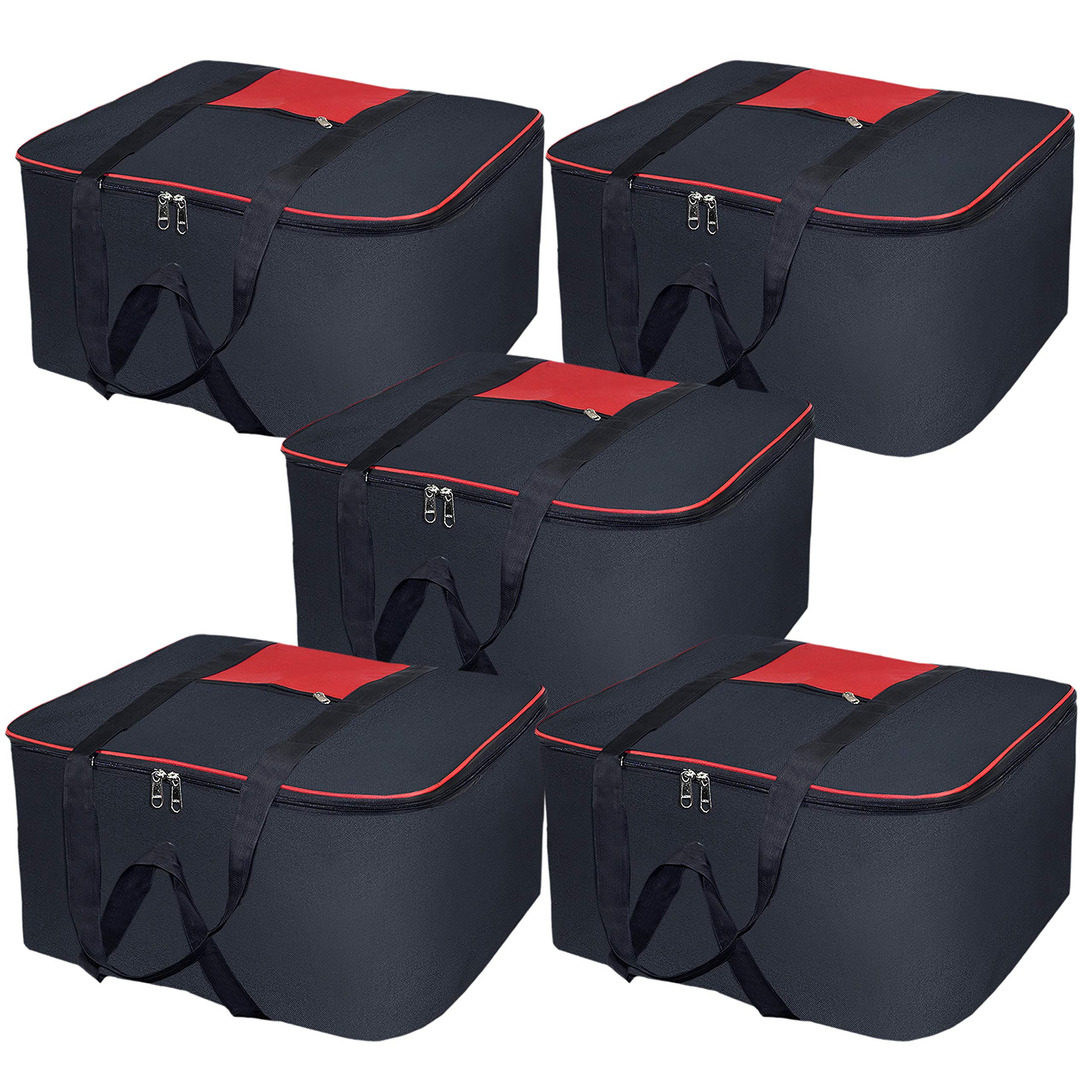 Storite Set of 5 Large Underbed Storage Bags for Clothes – Moisture-Proof Foldable Nylon Organizers with Zipper for Wardrobe & Bedding – Black, Rectangular (54x46x28 cm)