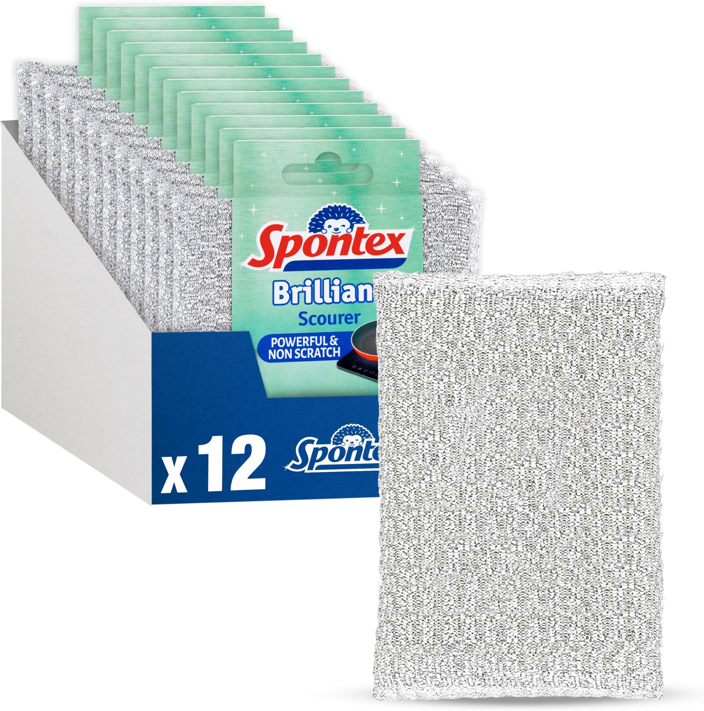 Spontex Brilliant Scourers Value Pack | Powerful, Non Scratch & Recommended by Tefal | 13 x 8.5 cm | 12 Count