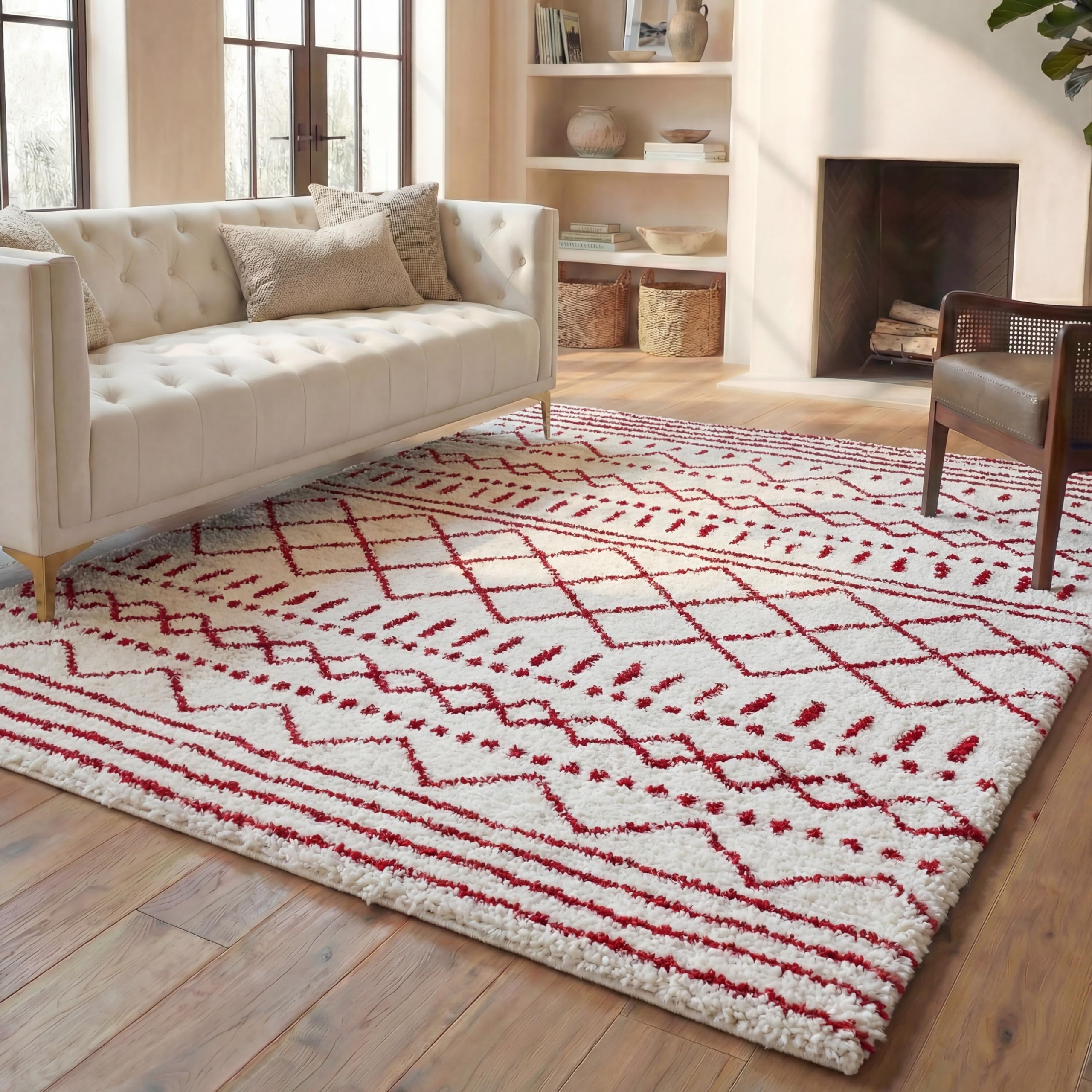SAFAVIEH Arizona Shag Rug 8'x10', Soft Plush Boho Ivory &amp; Red ASG741P