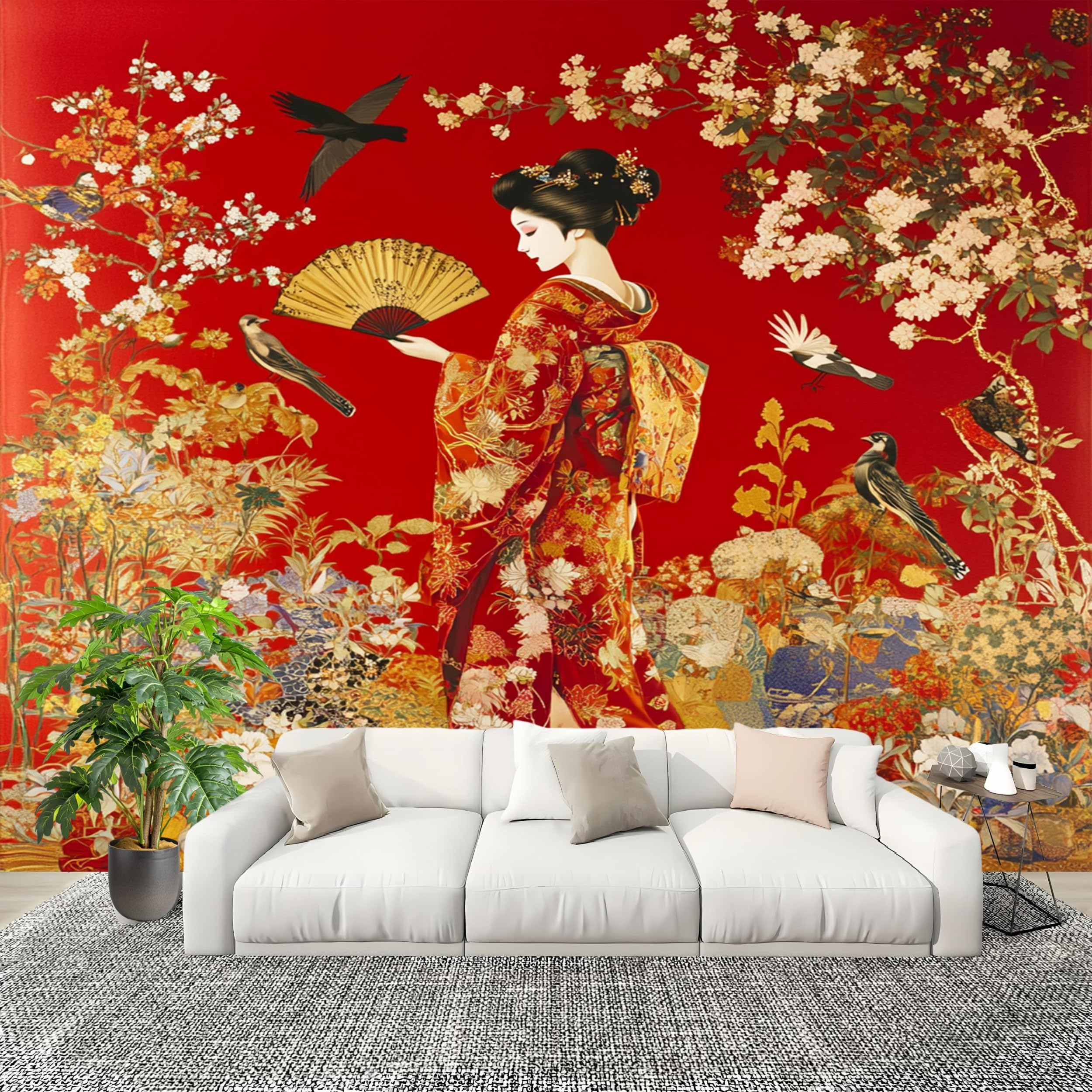 Papier peint intissé style japonais 300x210 cm avec fresque panoramique de Geisha rouge