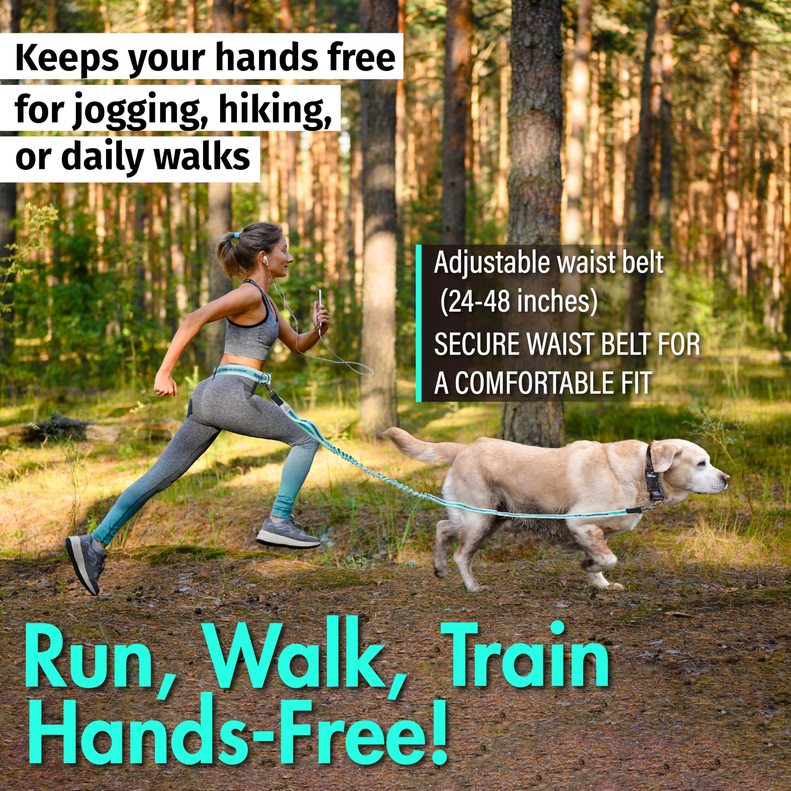 5218 - Correa manos libres para perros con cinturón y reemplazo de por vida, correa elástica con doble asa para correr, trotar, hacer senderismo y pasear, para perros medianos y grandes
