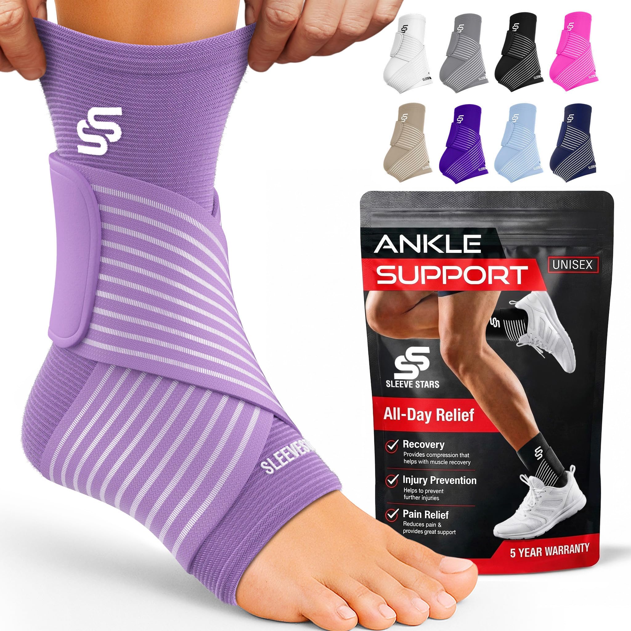 Sleeve Stars Ankle Brace Men &amp; Women Support (Pair/M:10"-12"/Light Purple)