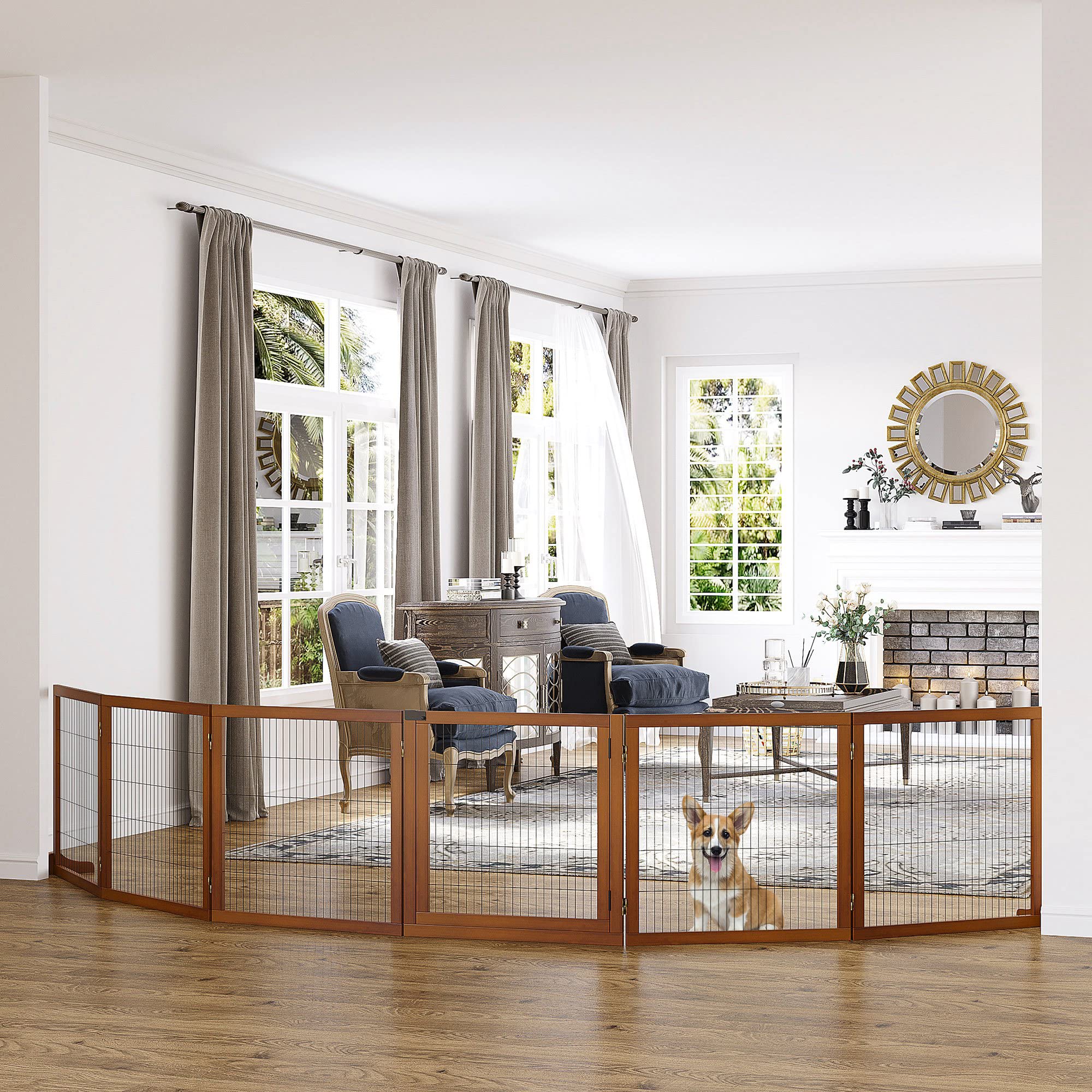 PawHut Barrera para Perros de 6 Piezas, 432 x 70 cm, Puerta de Seguridad Plegable con 2 Patas de Apoyo y Puerta Independiente para Pasillos y Escaleras