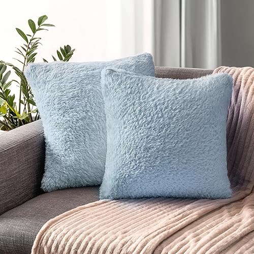 PAVILIA Fundas de almohada esponjosas de color azul polvoriento, fundas de almohada decorativas para cama, sofá, funda de cojín de piel sintética