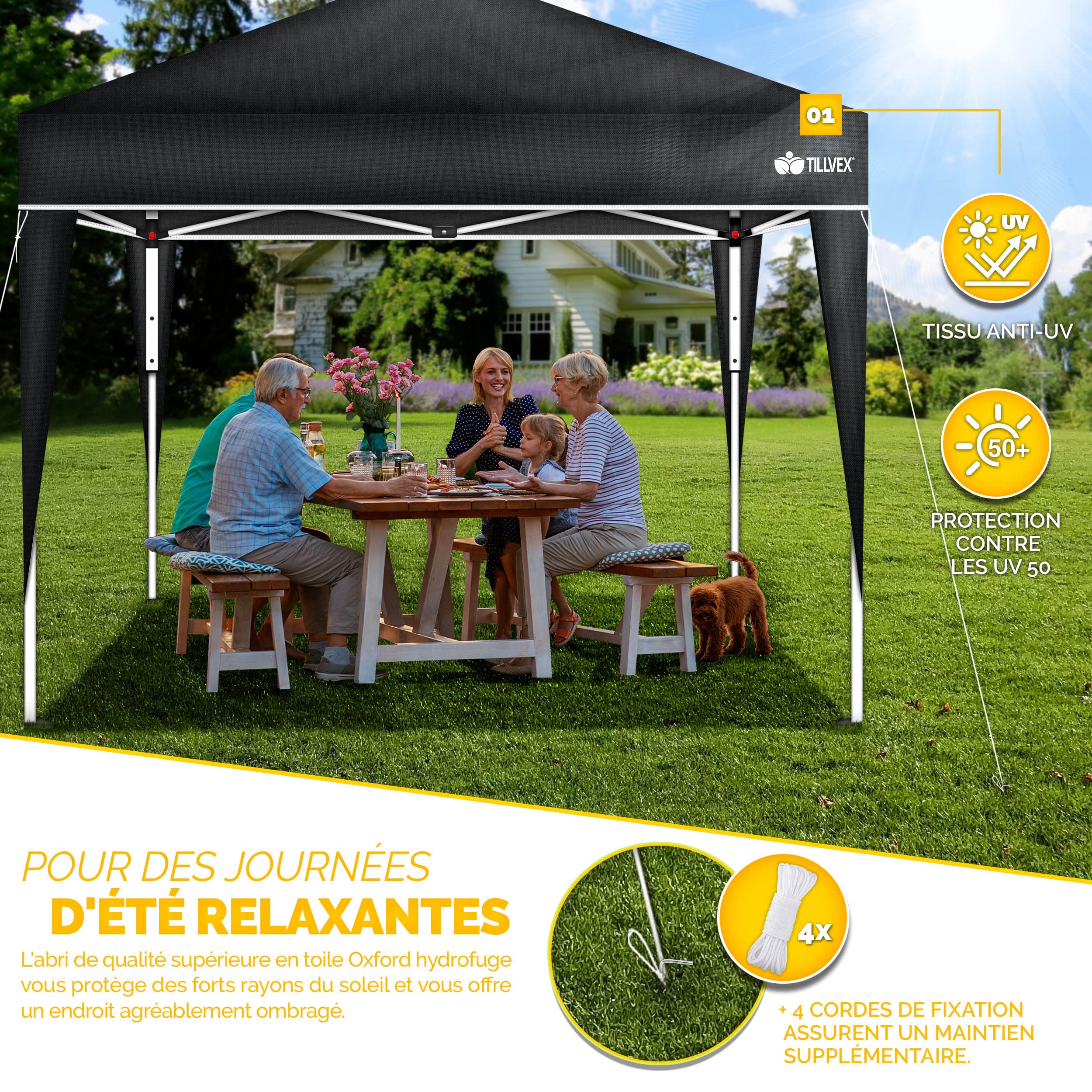 tillvex Tonnelle de Jardin 3 x 3 m Pliable | Tente Pliante à Hauteur réglable | Auvent pour Camping, Festival, Plage | Protection UV 50+ | Chapiteau avec Sac