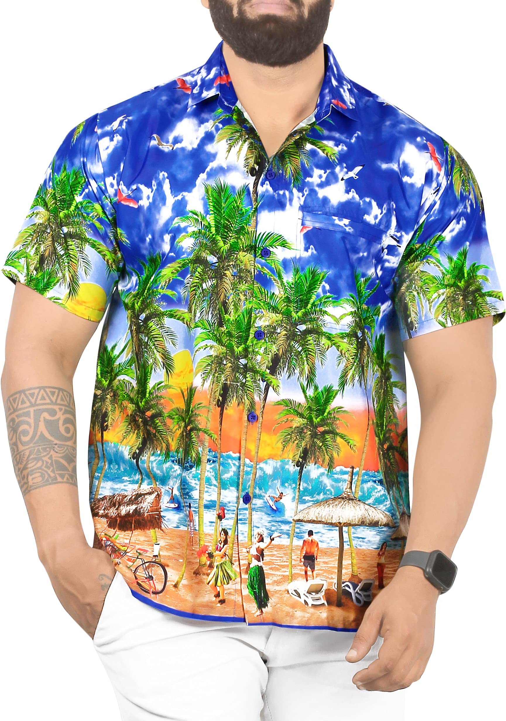 LA Leela Men's Hawaiian Shirt | Funky Beach Button Down, Tropical Leaves Print, Sizes Up To 5XL - View #5