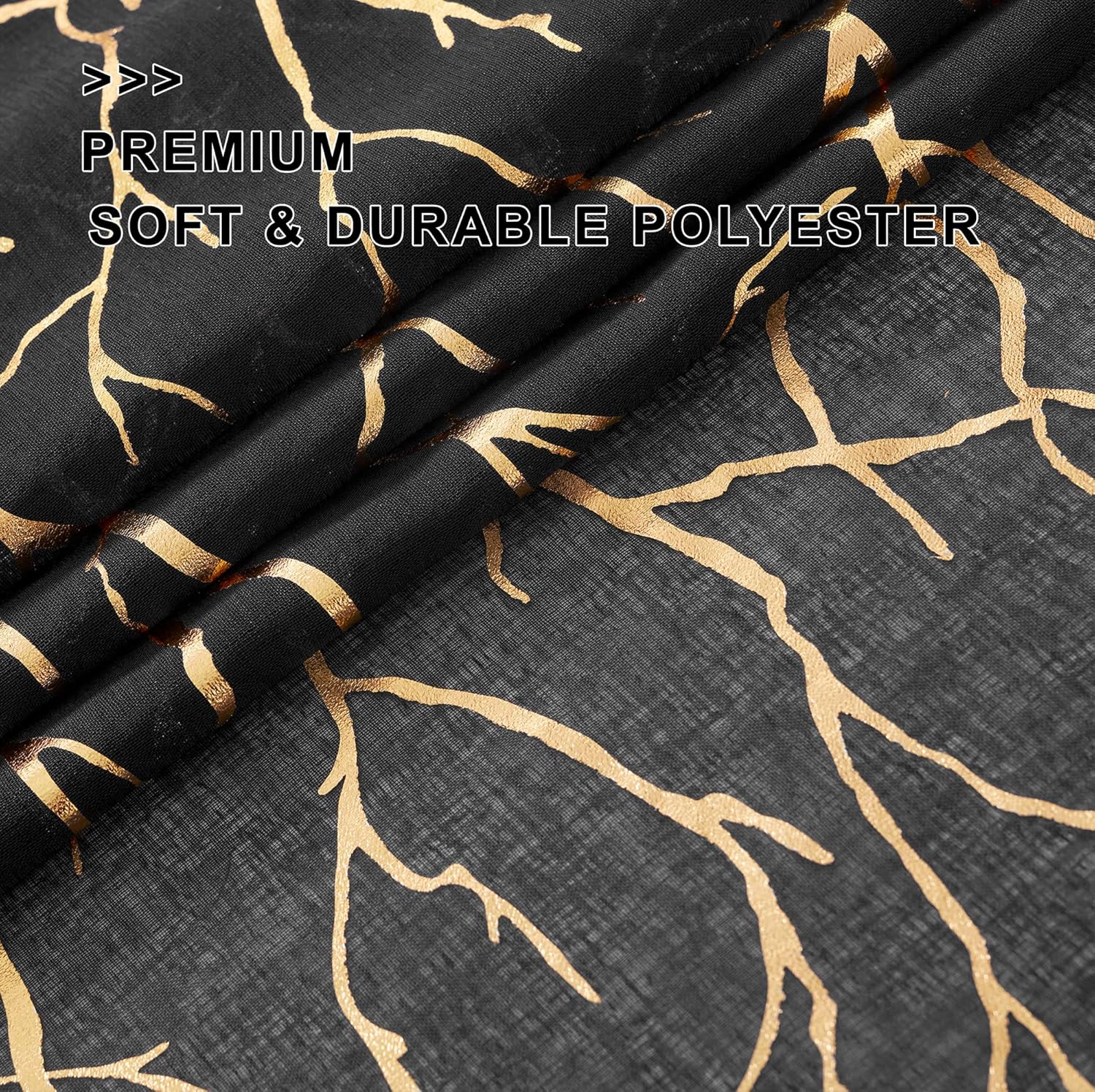 FINECITY Black Gold Sheer Curtains for Bedroom - Metallic Gold Foil Tree Branch Black Sheer Curtains 63 Inch Length Black and Gold Window Curtain Panel Set of 2, 52 x 63 Inch, Black Gold