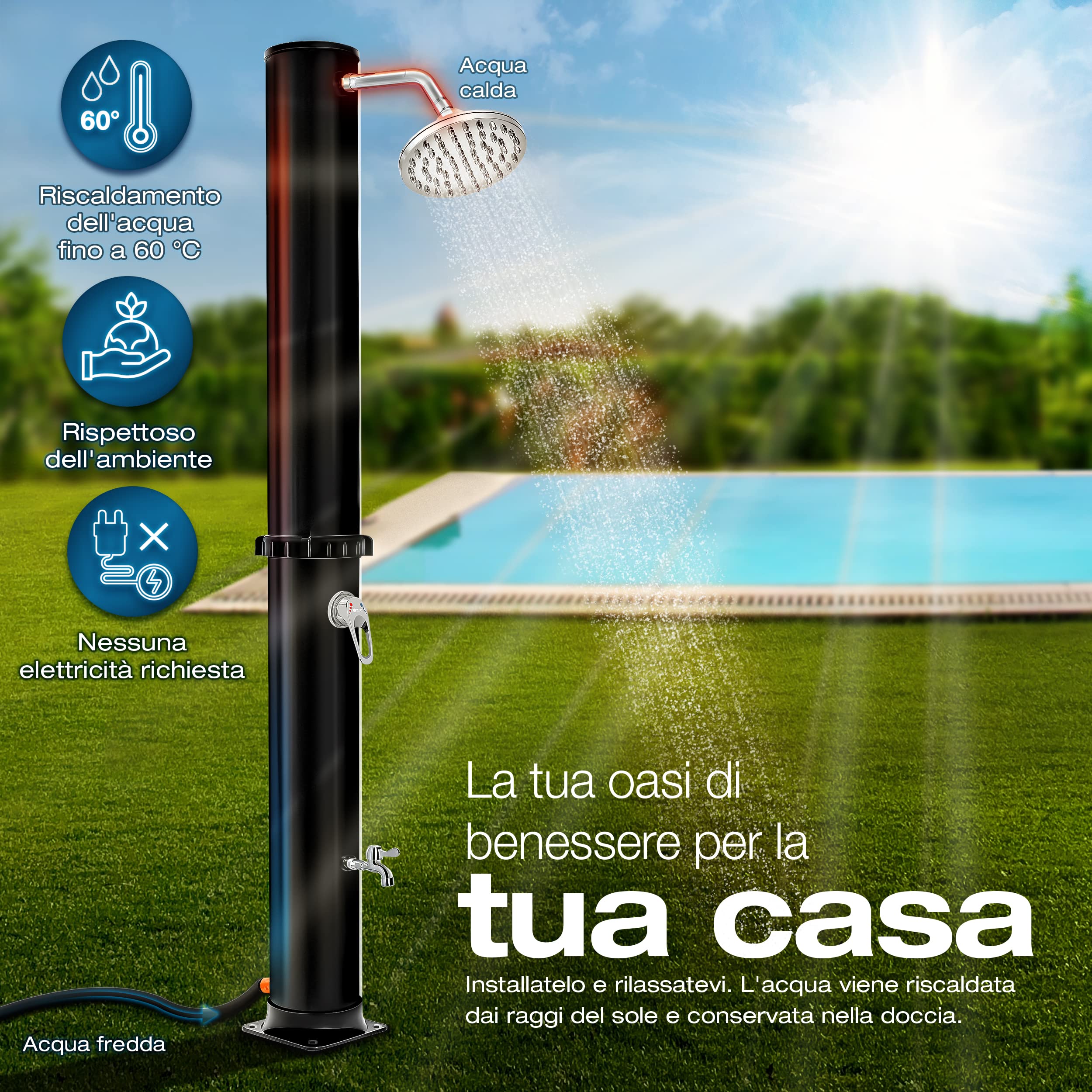 tillvex Doccia Solare da Giardino 35 Litri - Custodia Protettiva Inclusa, con Rubinetto e soffione a Pioggia, Collegamento per Tubo da Giardino