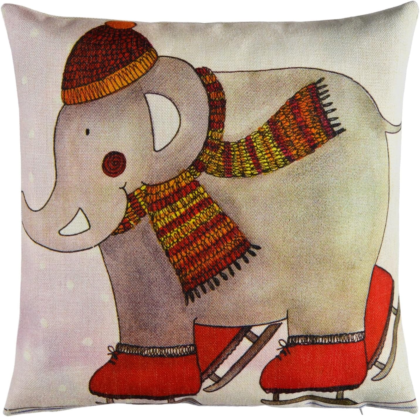Elyhome 18x18 Inches Cartoon Little Elephant Skating Winter Theme Best Choice for Kid's Room Home Decor Cotton Linen Decorative Square Cushion Throw Pillow Cover