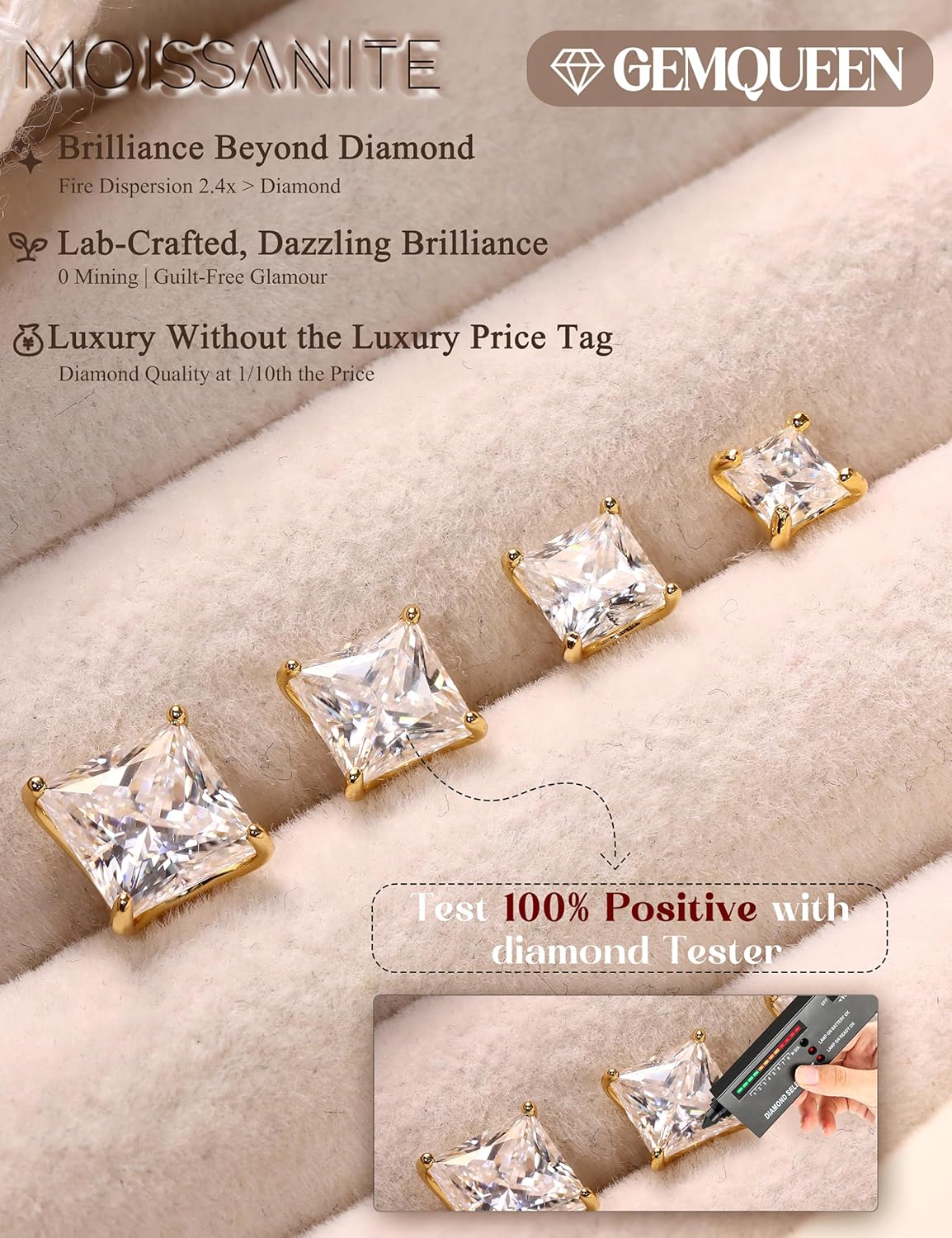 Moissanite Earrings Studs : 18K Gold Plated S925 Sterling Silver Stud Earring for Women Men Moissanite Jewelry Hypoallergenic Brilliant Princess Cut D Color VVS1 0.8CT-3.2CT - Image 3