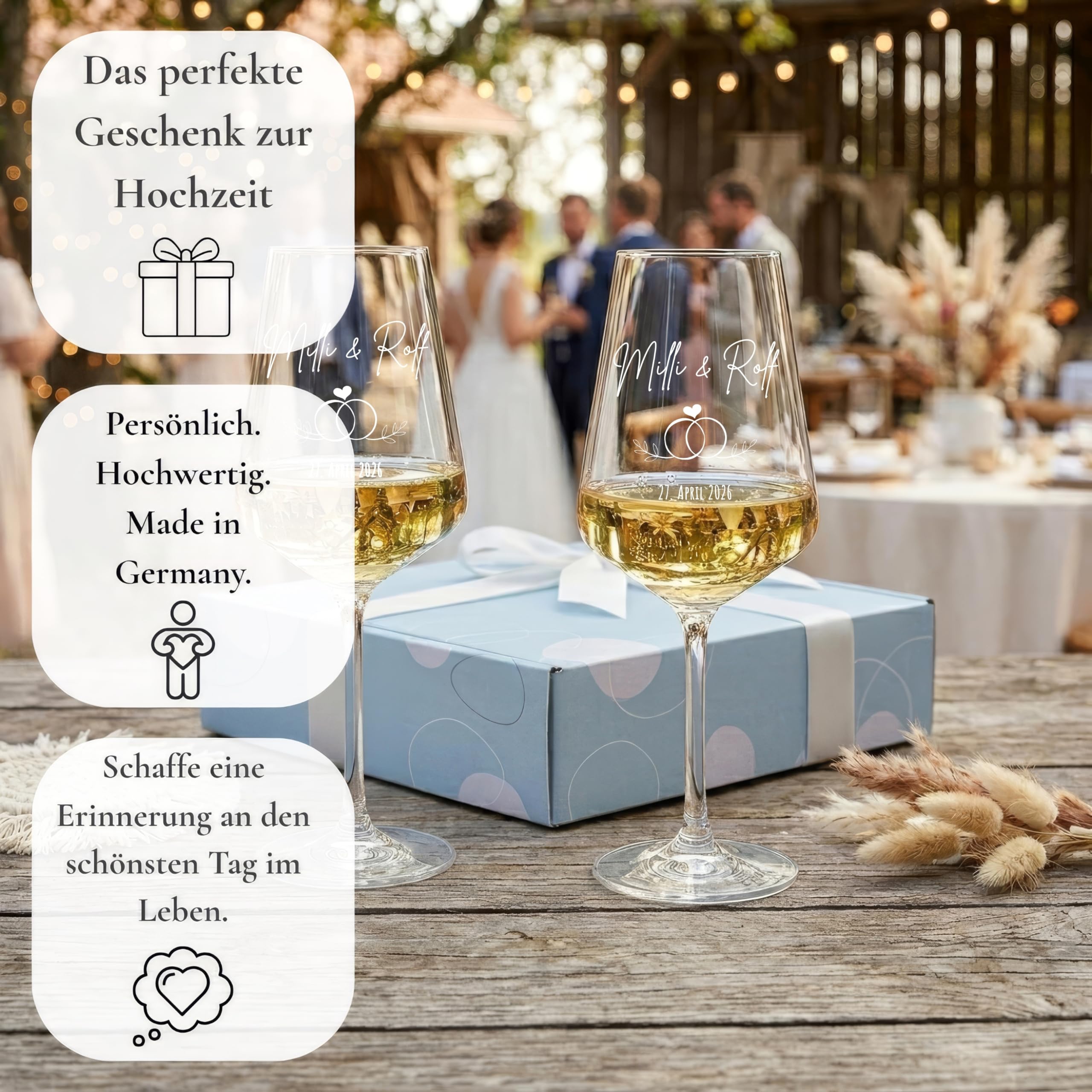 VILLA ROSA LOTTA - Weingläser mit Gravur 2er Set - personalisierte Geschenke Hochzeit, personalisierte Hochzeitsgeschenke mit Namen, graviertes Weinglas für Brautpaar