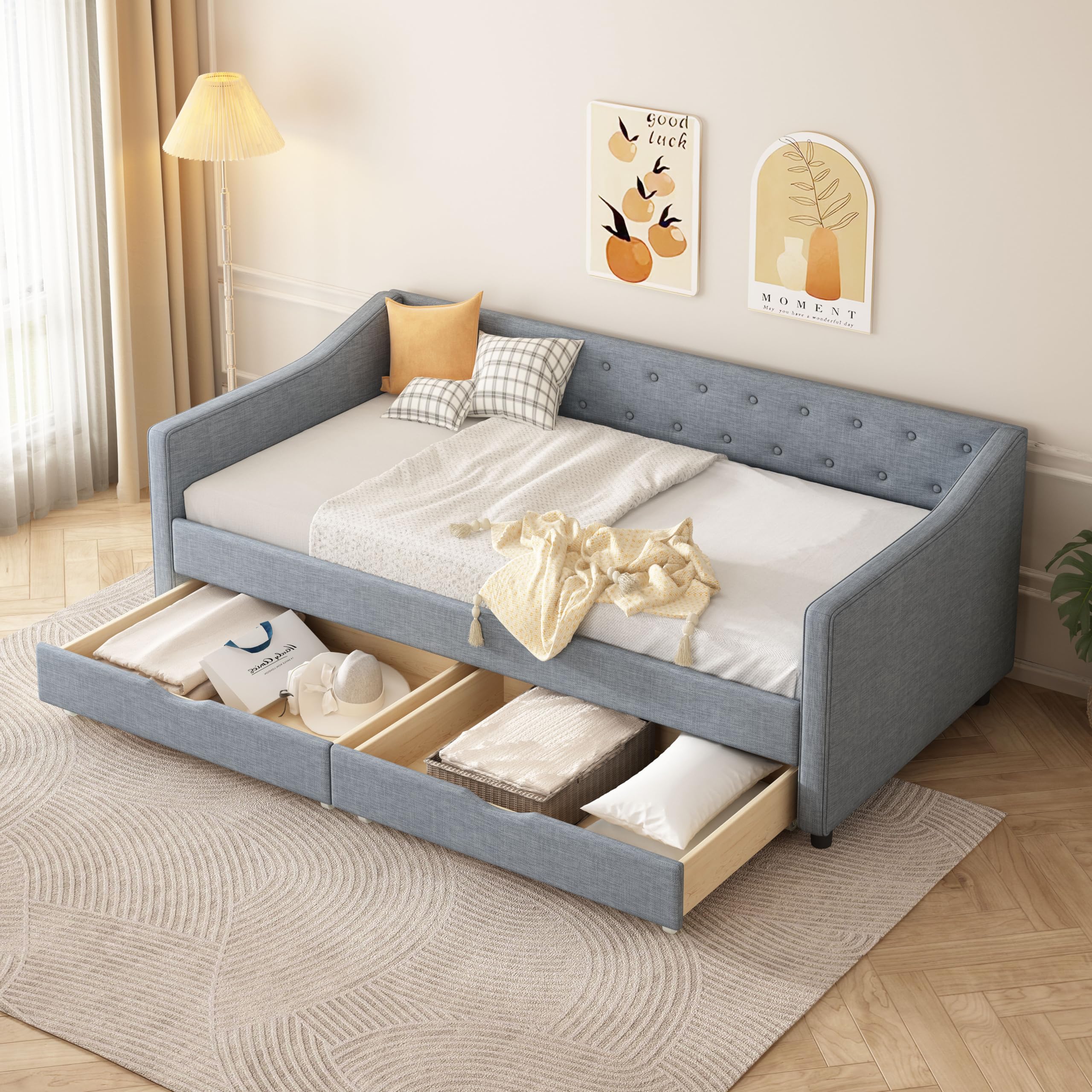 KEIKI Twin Size Upholstered Daybed with 2 Drawers and Headboard, Tufted Sofa Bed with Button on Back, Waved Shape Arm, Easy Assembly, No Box Spring
