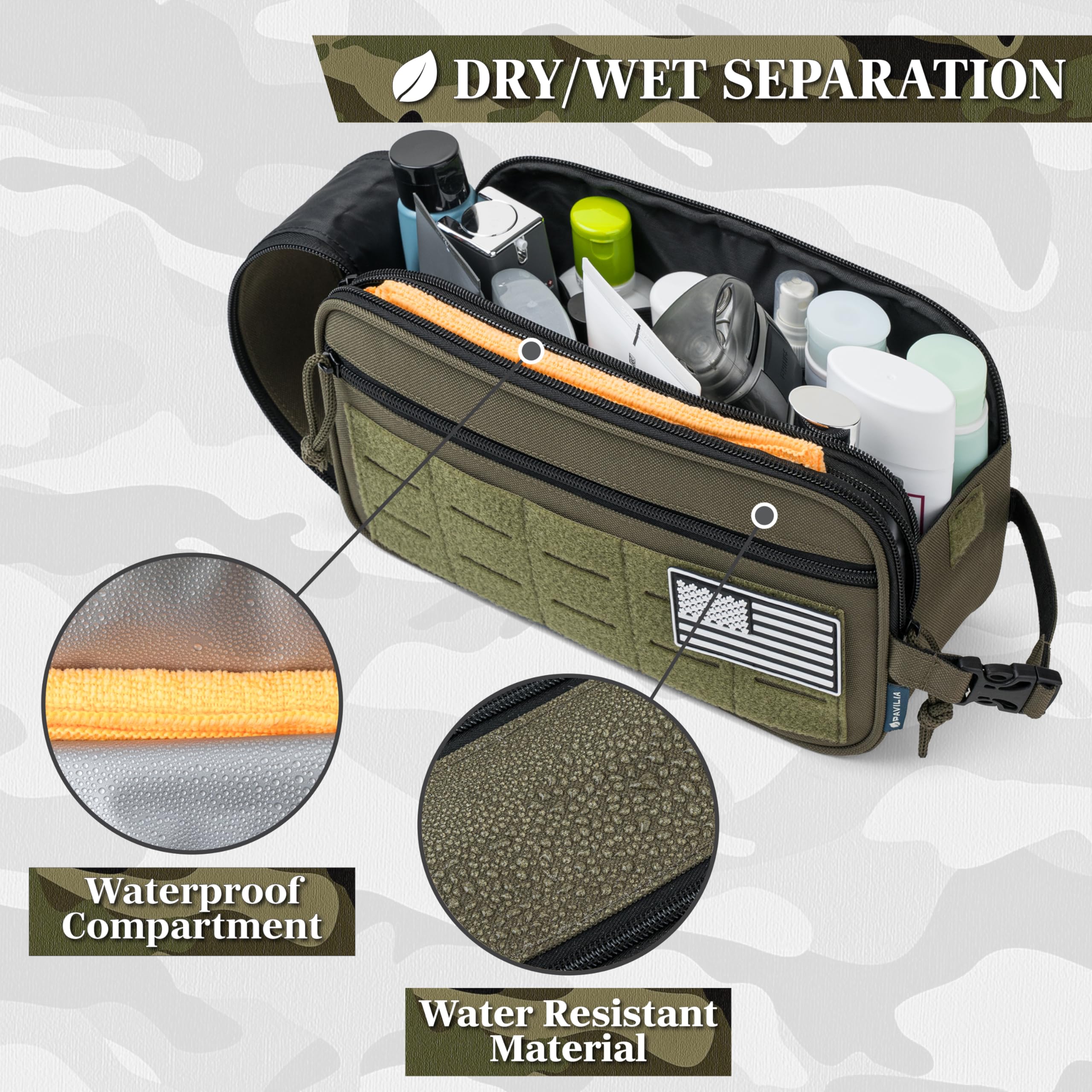 PAVILIA Taktische Kulturtasche für Herren, Hygiene-Reisetasche, Militär-Dopp-Kit, wasserabweisende Molle-Tasche, für Herren, Rasierpflege, Badezimmer, Dusche, Toilettenartikel, kleiner Organizer