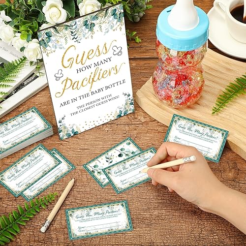 Miniatura 5 de Syhood Greenery Baby Shower Games Guess How Many Pacifiers Sage Game Signal, 50 pequeños juegos de adivinanzas, 20 lápices HB, botella de leche de