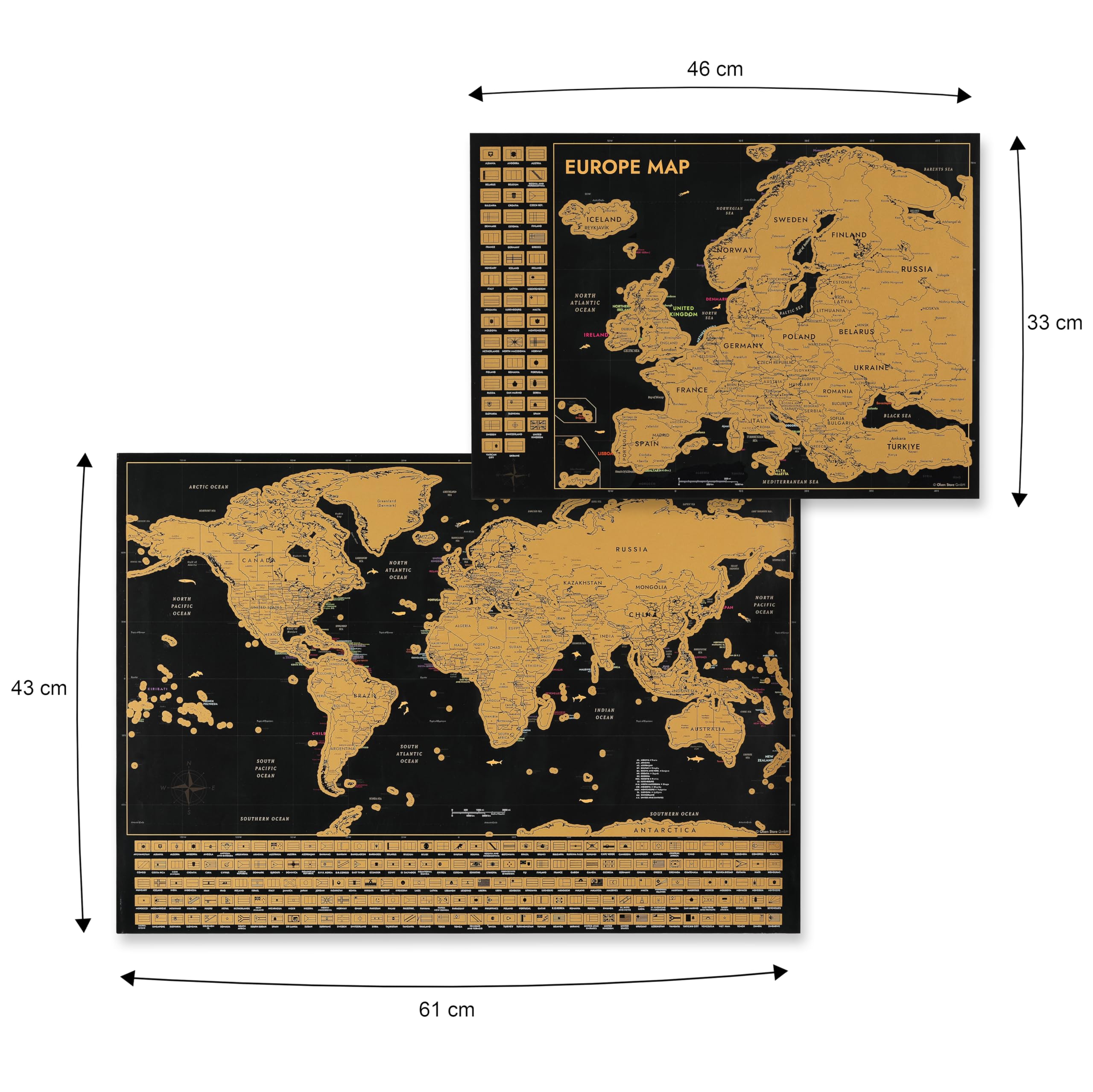 CraftWerk Mapa del mundo para rascar incl. mapa de Europa - mapa como póster de pared para fijar con alfileres - regalo para viajeros y veraneantes - Mapa para rascar 61 x 43 cm