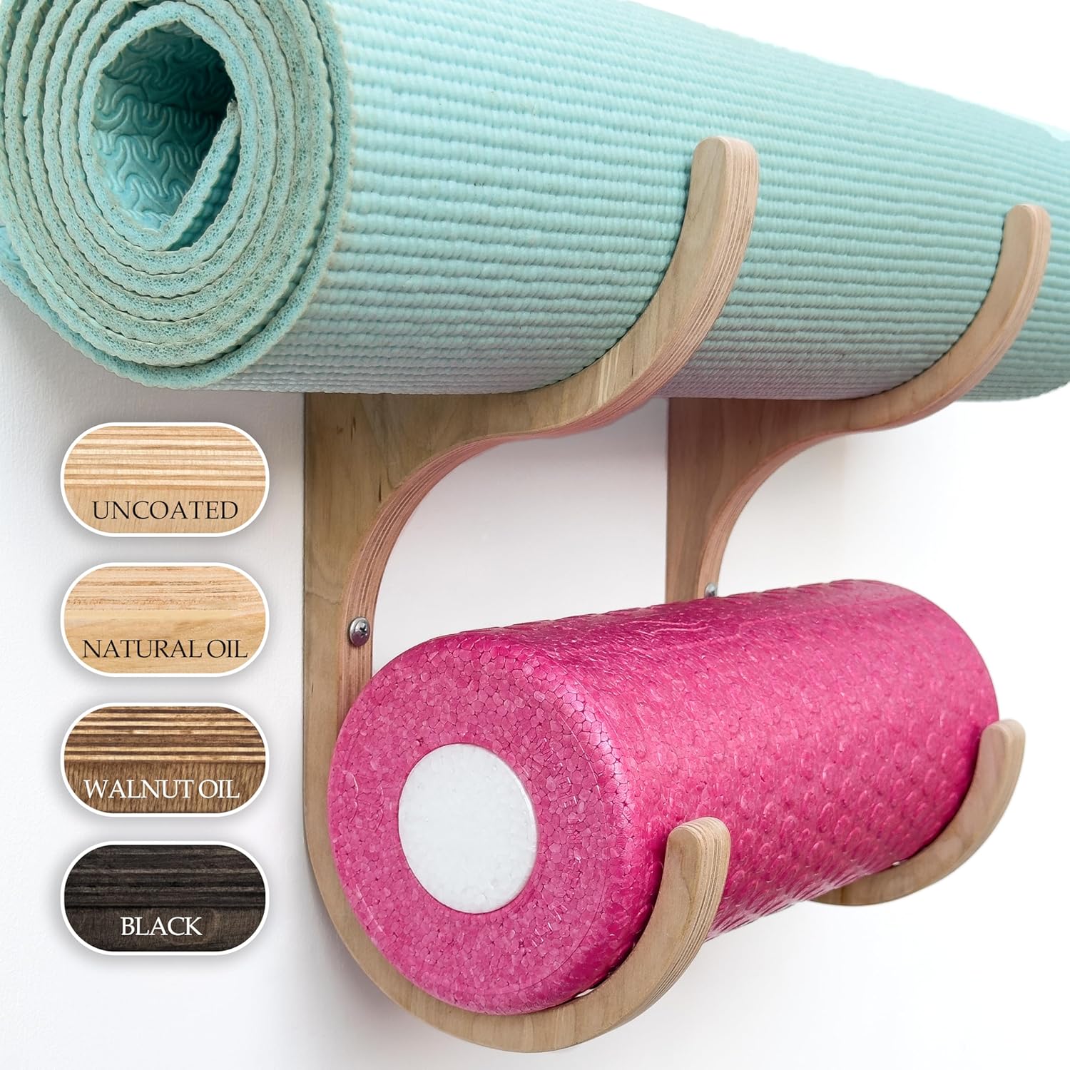 Yoga mat Holder, Wall Mounted Wooden Hooks for Storage in Yoga Room, Gym, Fitness Studio, Handmade Wood Rack, Gift for Yoga Lovers (Natural Oil, 3 Tier: 25.5 in х 7.8 in х 6.5 in)