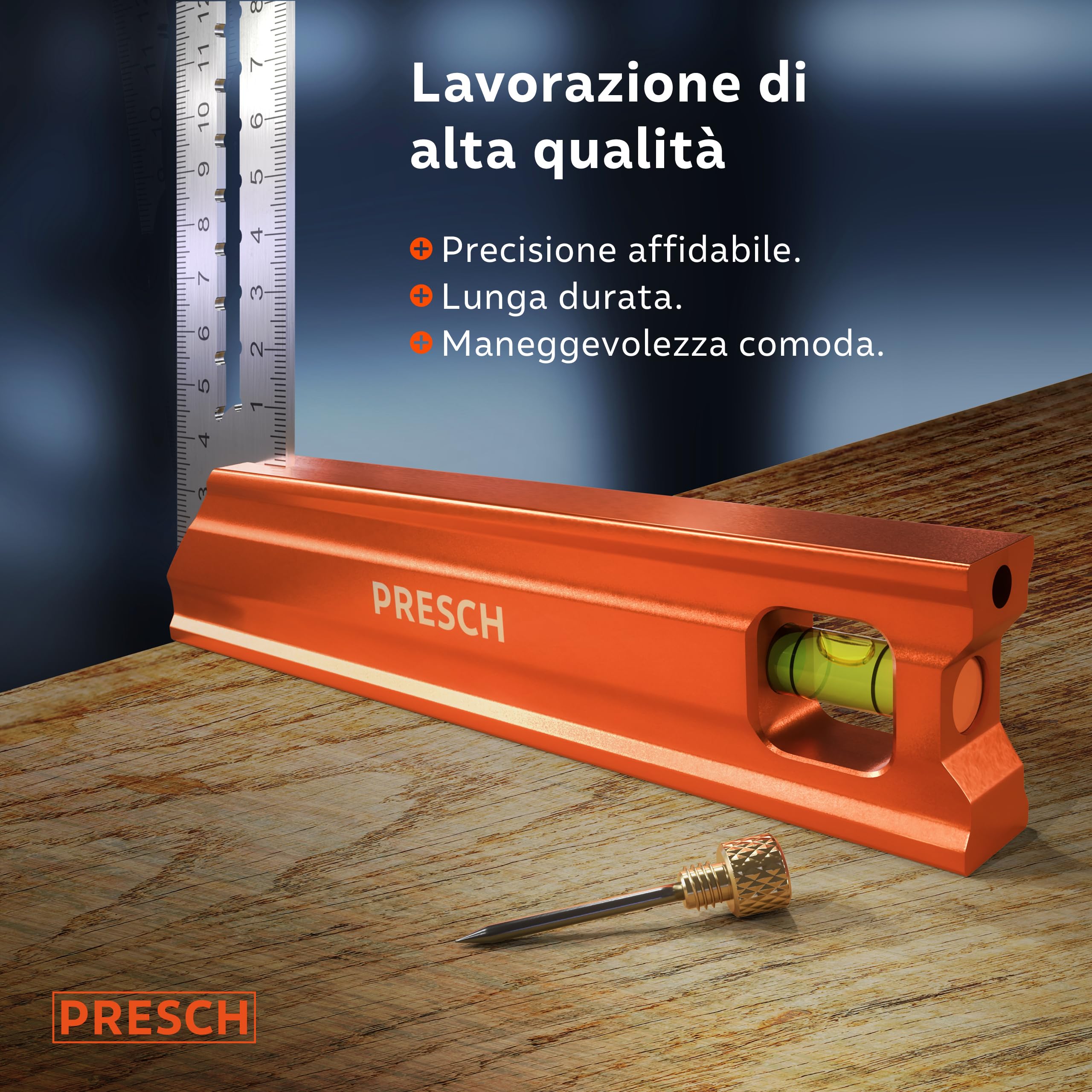 Presch Squadra da 300 mm 90° 45° con bolla di livello e indicatore di marcatura antiruggine