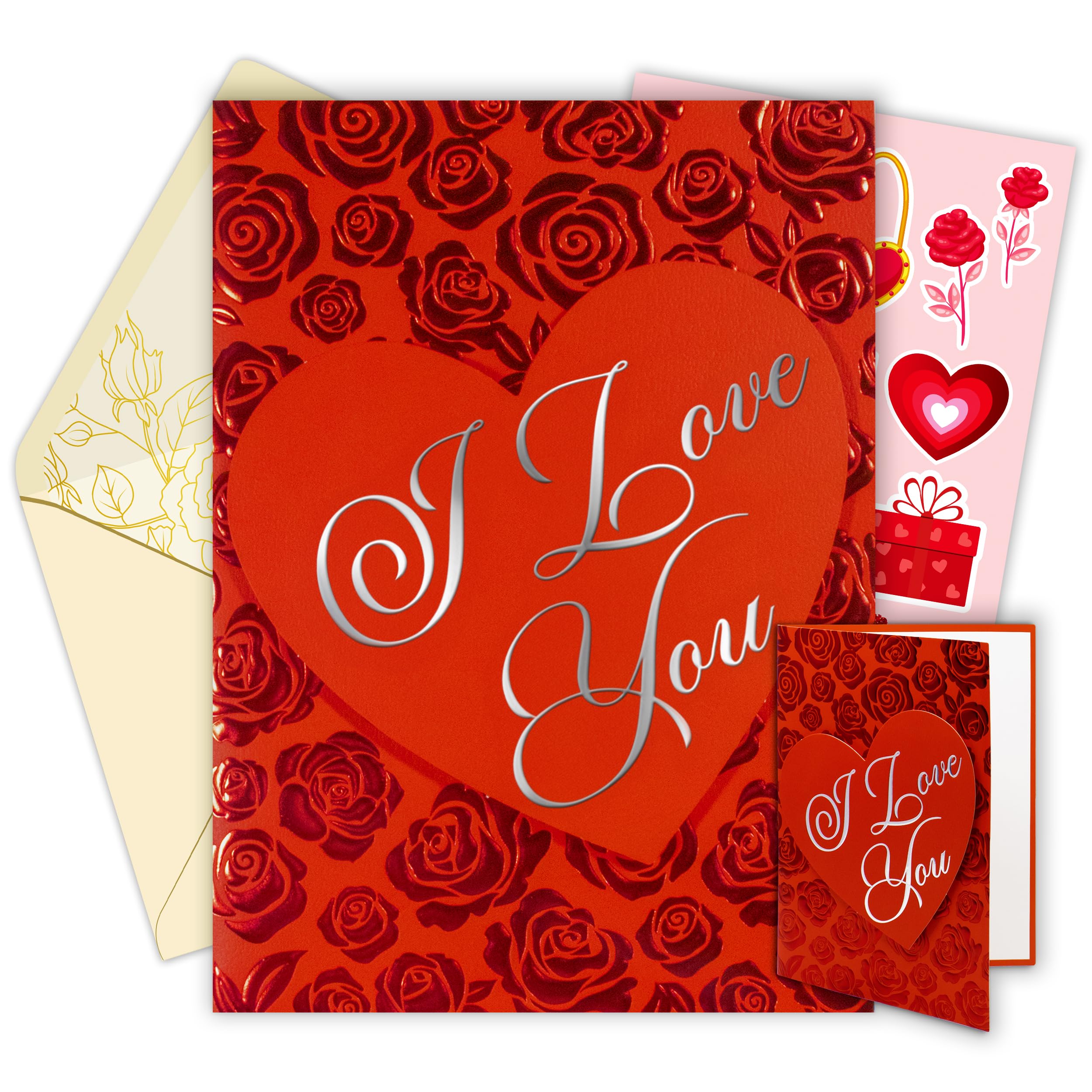 Decorably Red Foil Embossed 5x7in Handmade Individual Valentines Card with Heart Cutout, with Envelope and Stickers for Wife or Husband, Printed