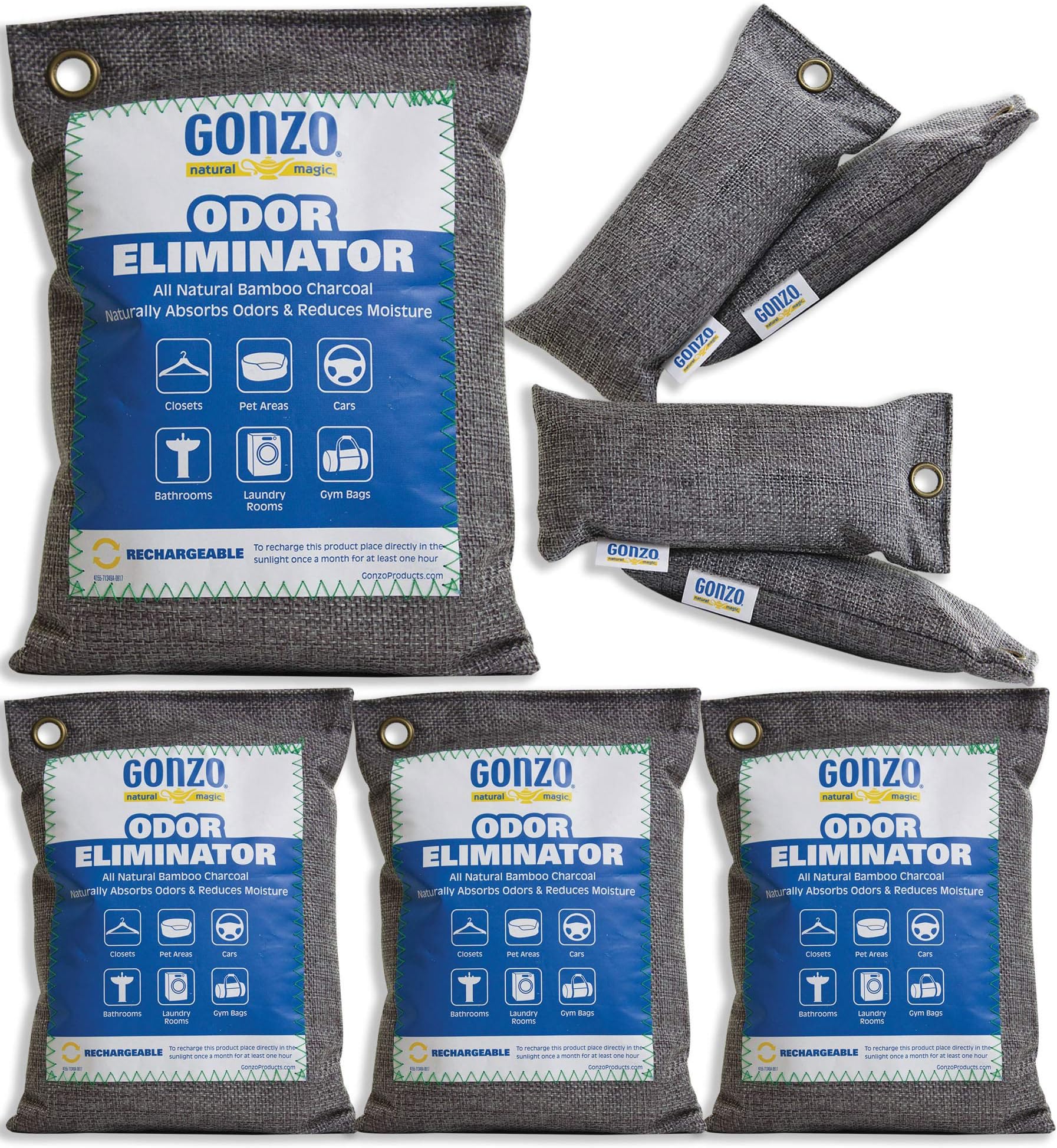 Gonzo Bamboo Charcoal (4 Medium Bags 250 Grams and 4 Small 75 Gram Bags) Air Purifying Bags Odor Eliminator for Home Drawers Gym Bag Pets