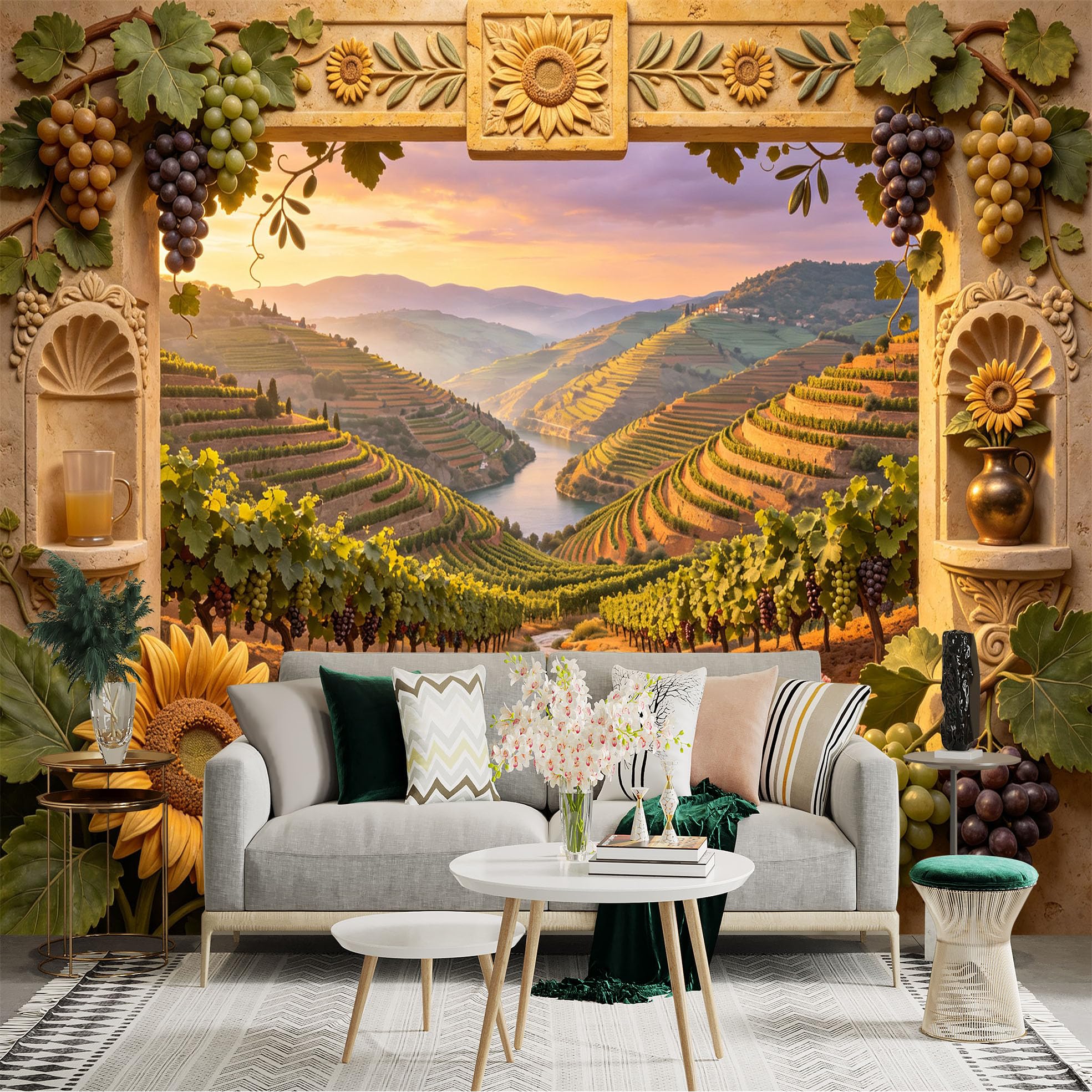 Custom Size Wall Sticker Mural， Vineyard Valley Sunset， Grape Vines， Sunflower Frame， River Landscape， for wall Decoration， peelandstick wall Decals.