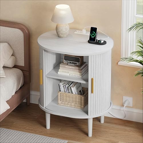 DHH Mid Century Modern Nightstand with Charging Station, Fluted Accent