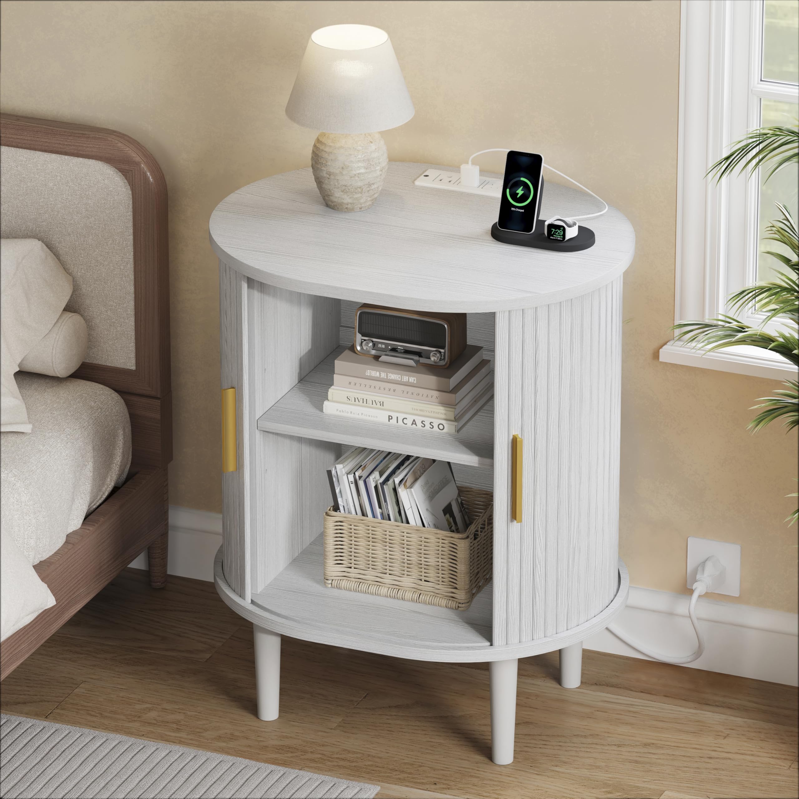 DHH Mid Century Modern Nightstand with Charging Station, Fluted Accent Side Table with Sliding Door &amp; Adjustable Shelf, End Table for Small Space, Living Room, Bedroom,Sofa Couch(1, White)