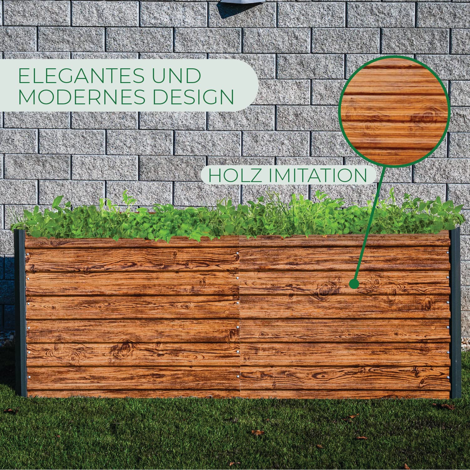 STREND PRO Hochbeet Metall 200x100x77 cm (LxBxH) Holz Imitation | Pflanzkasten Holz Effekt | Blumenkasten Holz Effekt | Garten Pflanzkasten Hoch | Gemüsebeet | Gartenbeet | Hochbeet Balkon Pflanzbeet