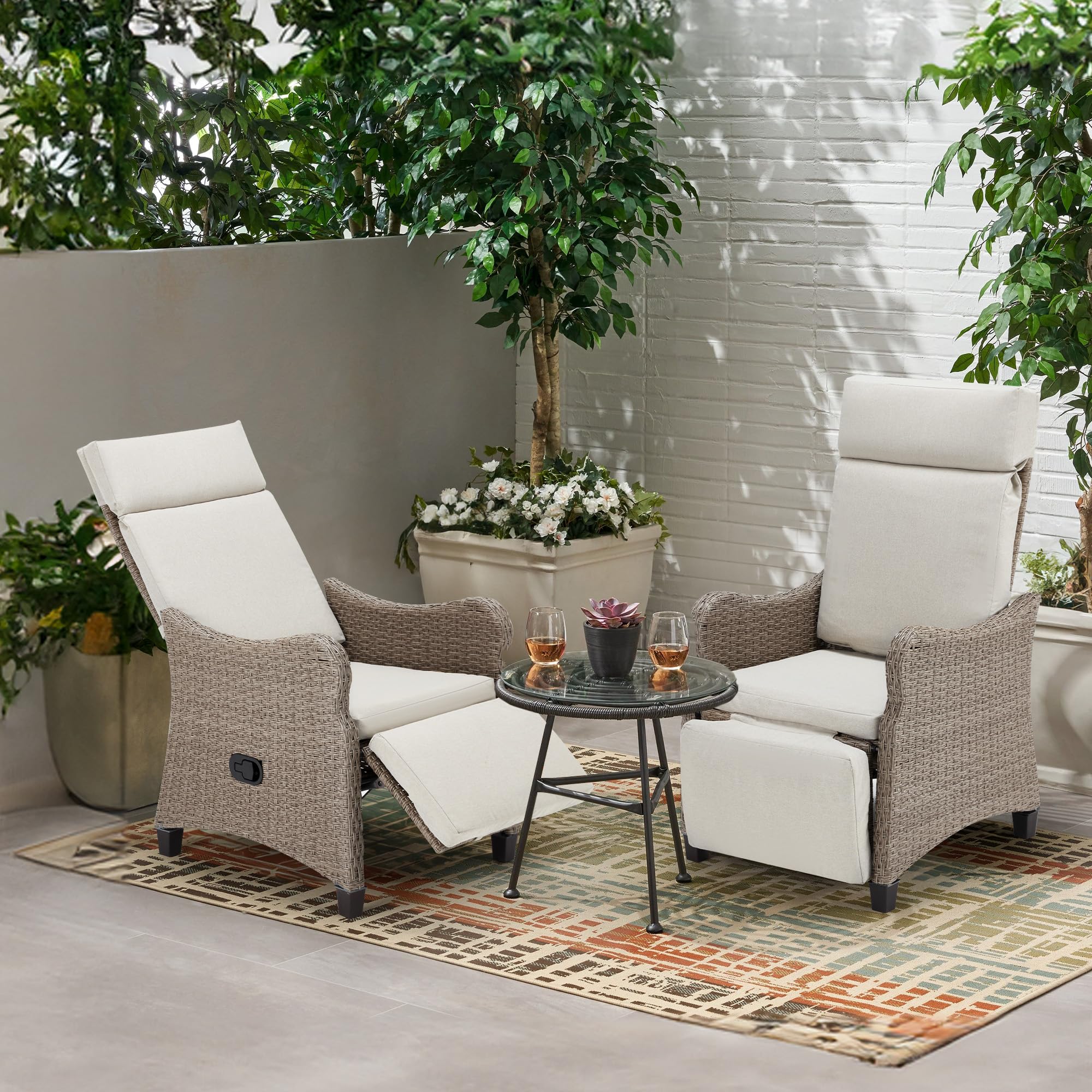 HOMREST Outdoor Recliner Chair For Patio - Wicker Balcony Recliner With Removable Cushion, Light Grey, 400lb Capacity