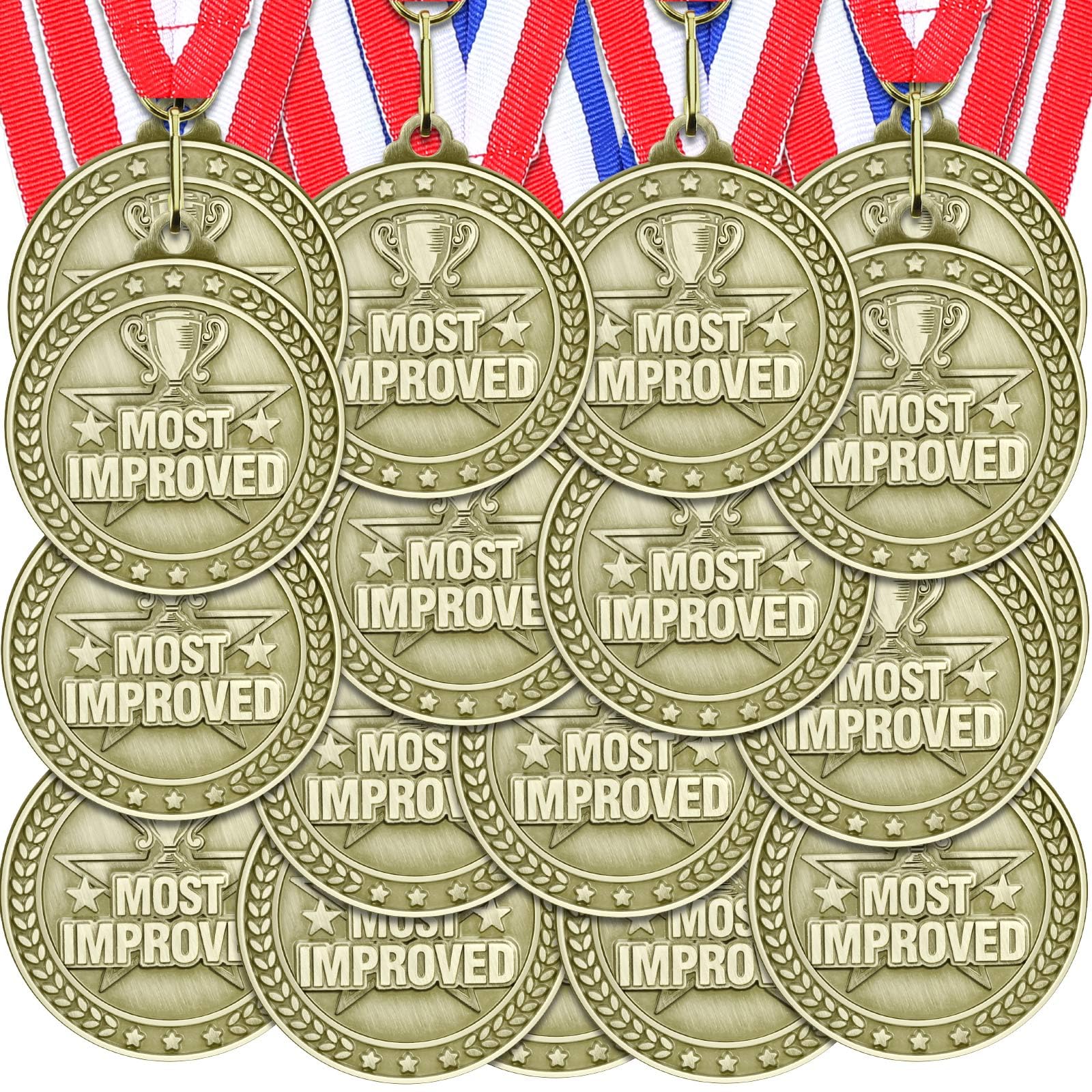 24 medallas mejoradas a granel de 2 pulgadas más mejoradas al jugador MIP con cintas para el cuello, premio de trofeo, regalo para competiciones educativas de graduación, torneos, logros de