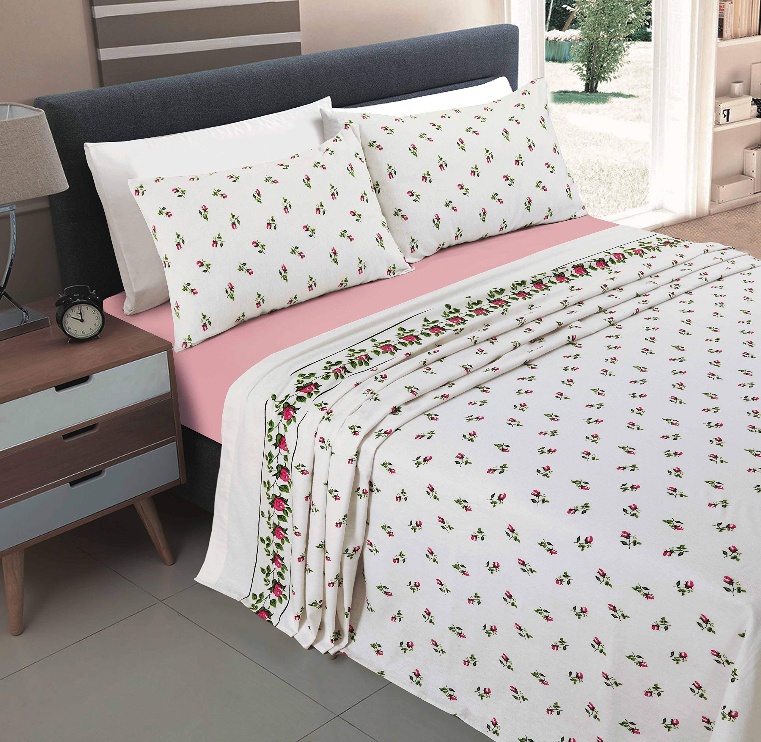 NZ Rose Bud Floral Pattern Flannelette 100% Natural Brushed Cotton Thermal Fitted and Flat Sheet Set With Pillowcases (Pink, Single Size Sheet Set)