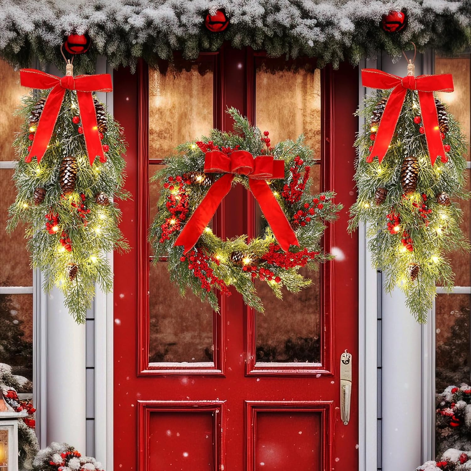 Hungdao 3 Pack Pre-lit Christmas Wreath and Swag with Lights 24" Artificial Christmas Teardrop Swags Pine Cypress Garland with Bow Pine Cones Berry for Xmas Front Door Outdoor Holiday Decor