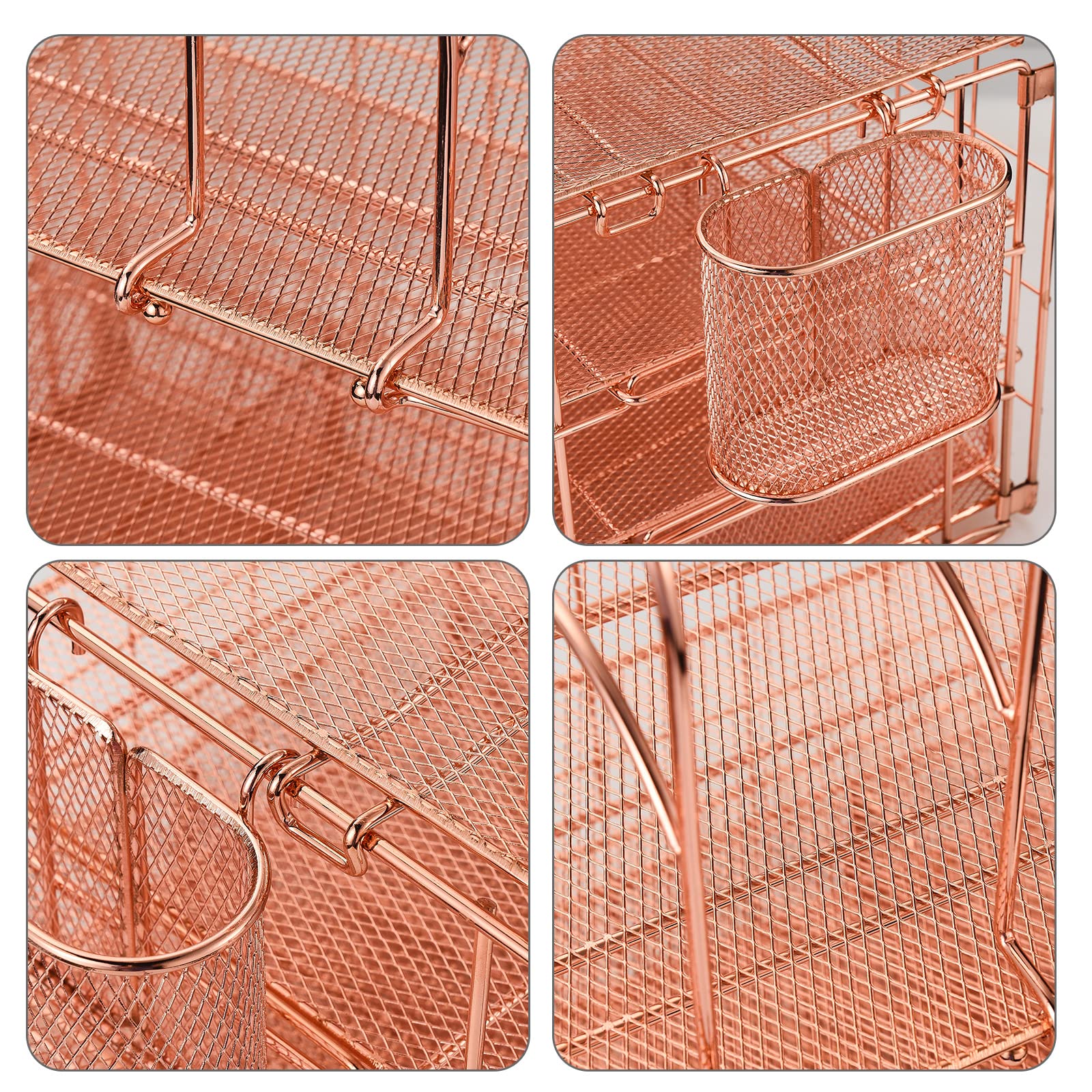 Organizer da Scrivania in Metallo, Organizzatore di File da Scrivania in Rete a Strati con 5 Portadocumenti Verticali e 2 Portapenne, Organizer da Scrivania Multifunzione per Casa(Oro Rosa)