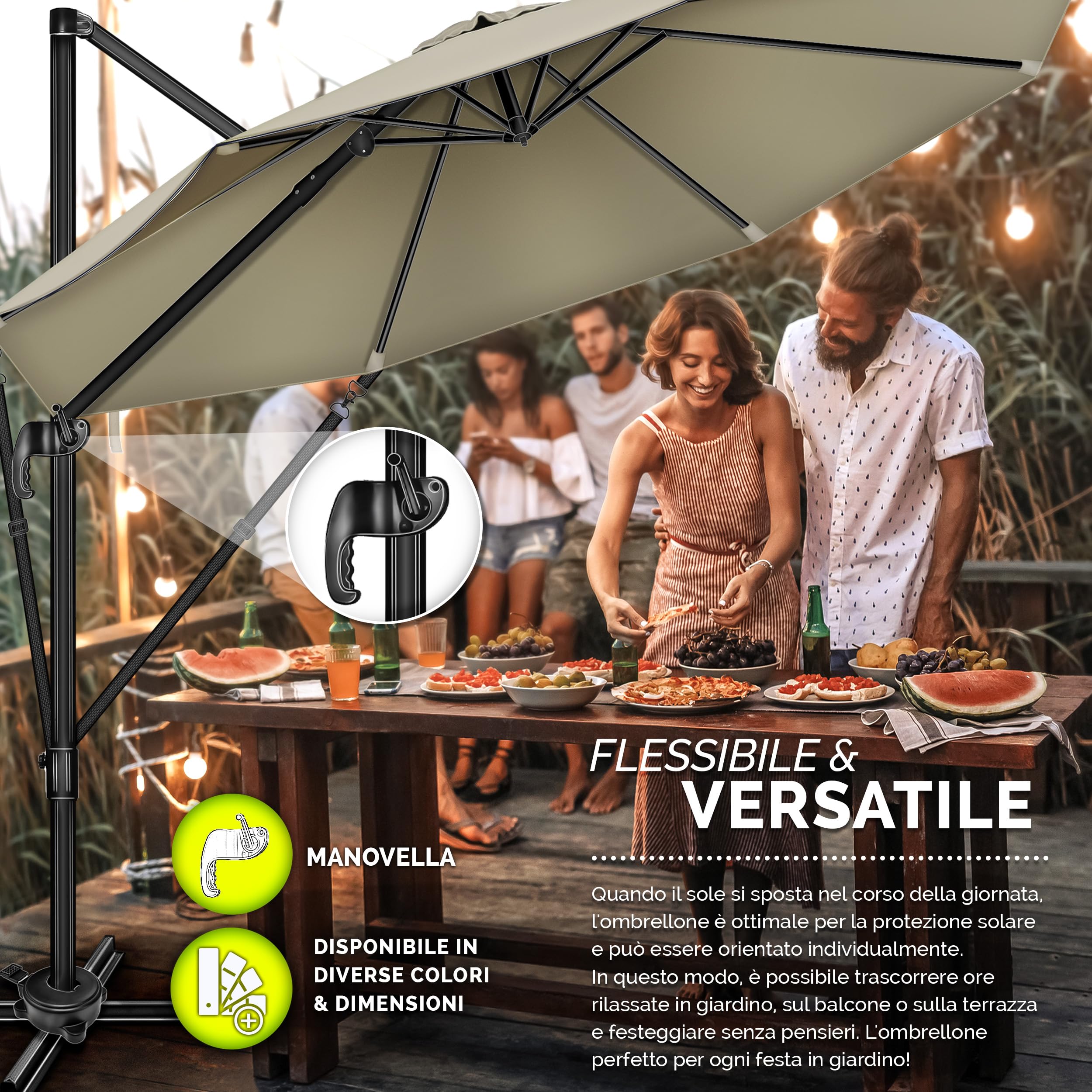 tillvex® Premium ombrellone da giardino 330 cm + copertura e protezione dal vento | Ombrellone a sbalzo regolabile a 7 pieghe con manovella | Ombrellone in alluminio girevole a 360° inclinabile