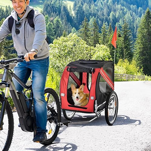 Vista 2 de Aosom Remolque de bicicleta para perros, carrito de mascotas, accesorio de transporte de carga para viajes con 3 entradas, ruedas grandes para Rojo