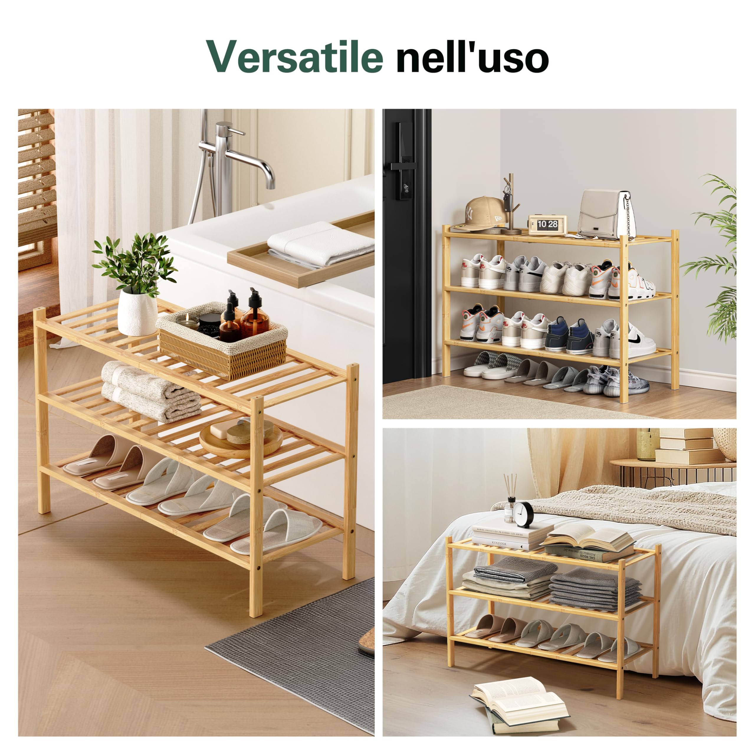 Scarpiera in Legno Bambù 3 Ripiani – Porta Scarpe Salvaspazio Ingresso Slim 68x28x46 cm – Scarpiera Portascarpe Componibile Stretta Verticale – Mobile Scarpiera Piccola Modulare (Bambù)