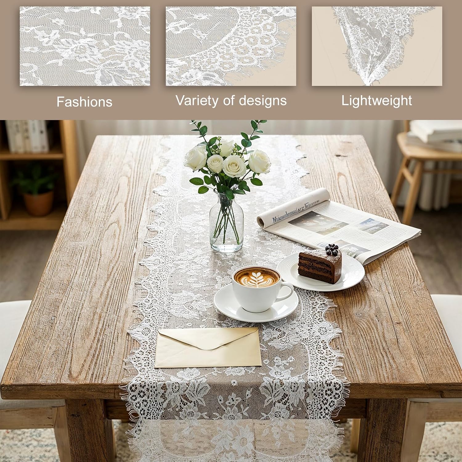 12 Pack 14 x 120 Inch Lace Table Runner, White Rustic Lace Fabric Table Runners with Vintage Rose Embroidered Floral Wedding Decoration for Bridal Shower Vintage Party Decor