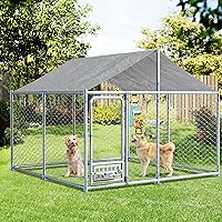 Vista 6 de Grepatio Perrera para perros al aire libre de 7.5 x 7.5 pies con techo, recinto exterior para perros con 2 comederos giratorios, cerca para perros