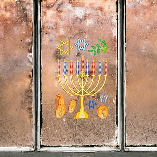 Miniatura 8 de VILLCASE 9 hojas de calcomanías de fiesta de Hanukkah, decoración de puerta de vidrio, calcomanías estáticas para ventana, temática de Hanukkah,