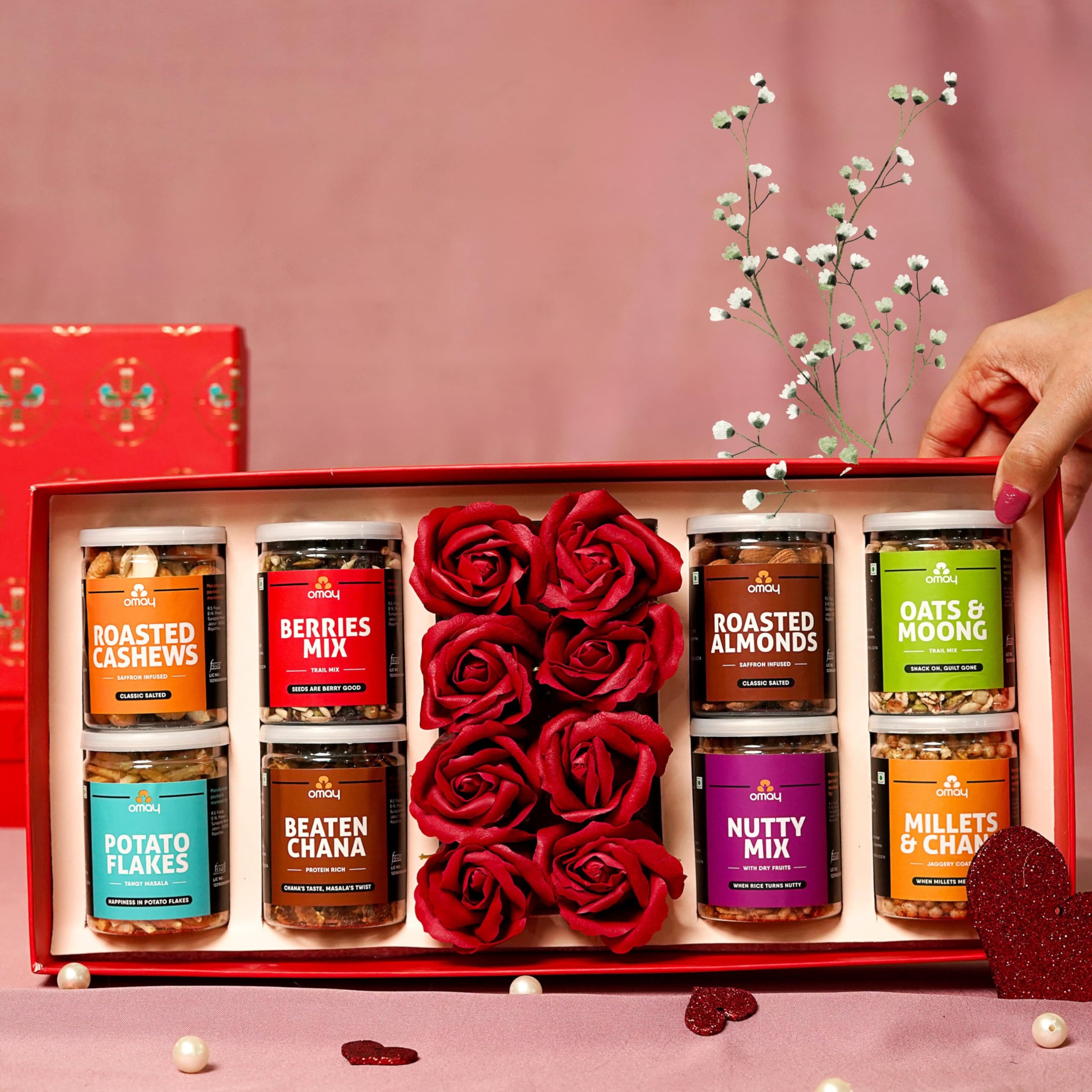 Omay Foods 16 Pcs Nourishing Serenity Gift Box | Roasted Snacks, Dry Fruits & Artificial Roses | Birthday Gift for Girlfriend, Wife, Husband | Gift Hamper for Couples | Marriage Anniversary Gift | Gourmet Snack Hamper