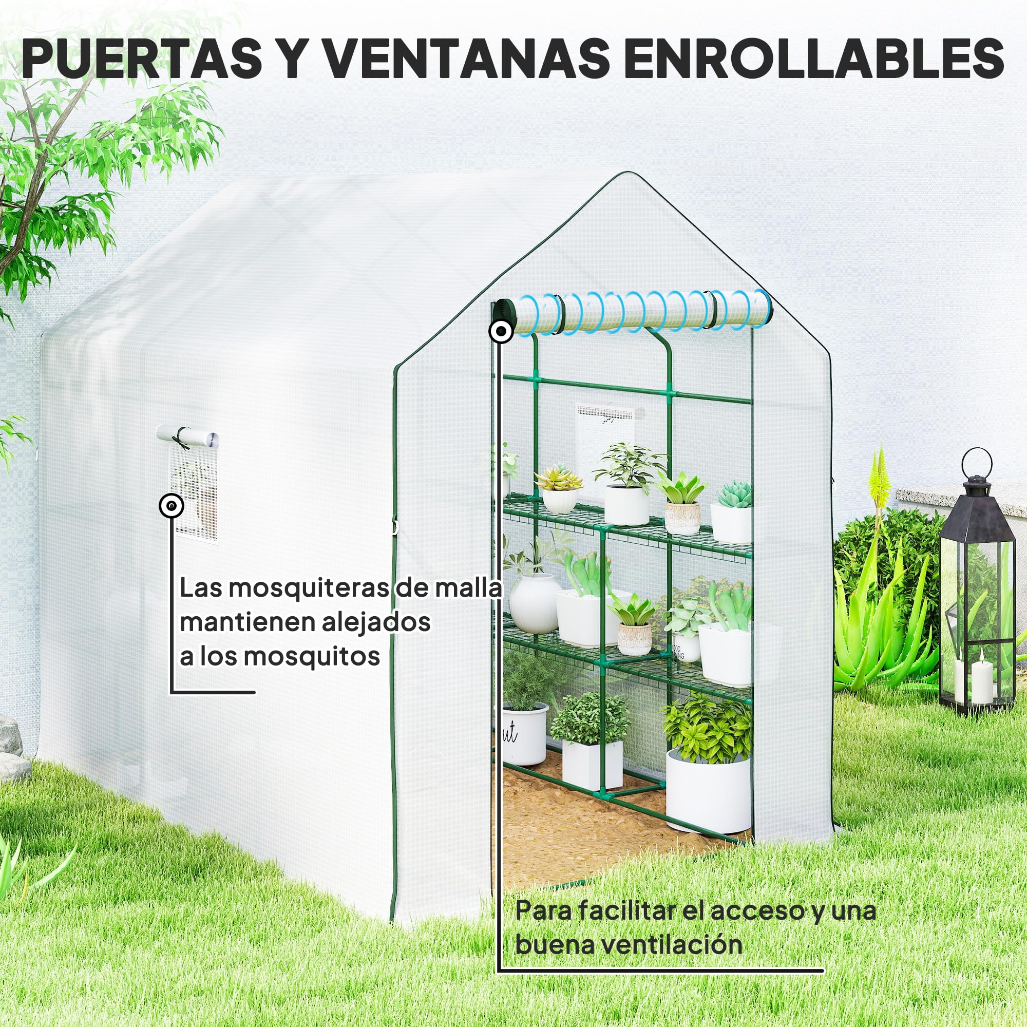 Outsunny Invernadero de Jardín de 3 Niveles Exterior 140x213x190 cm Blanco | 12 Estantes, Puerta Enrollable, Ventanas, Anti-UV, Cubierta PE 135g/m², Cultivos, Plantas, Flores