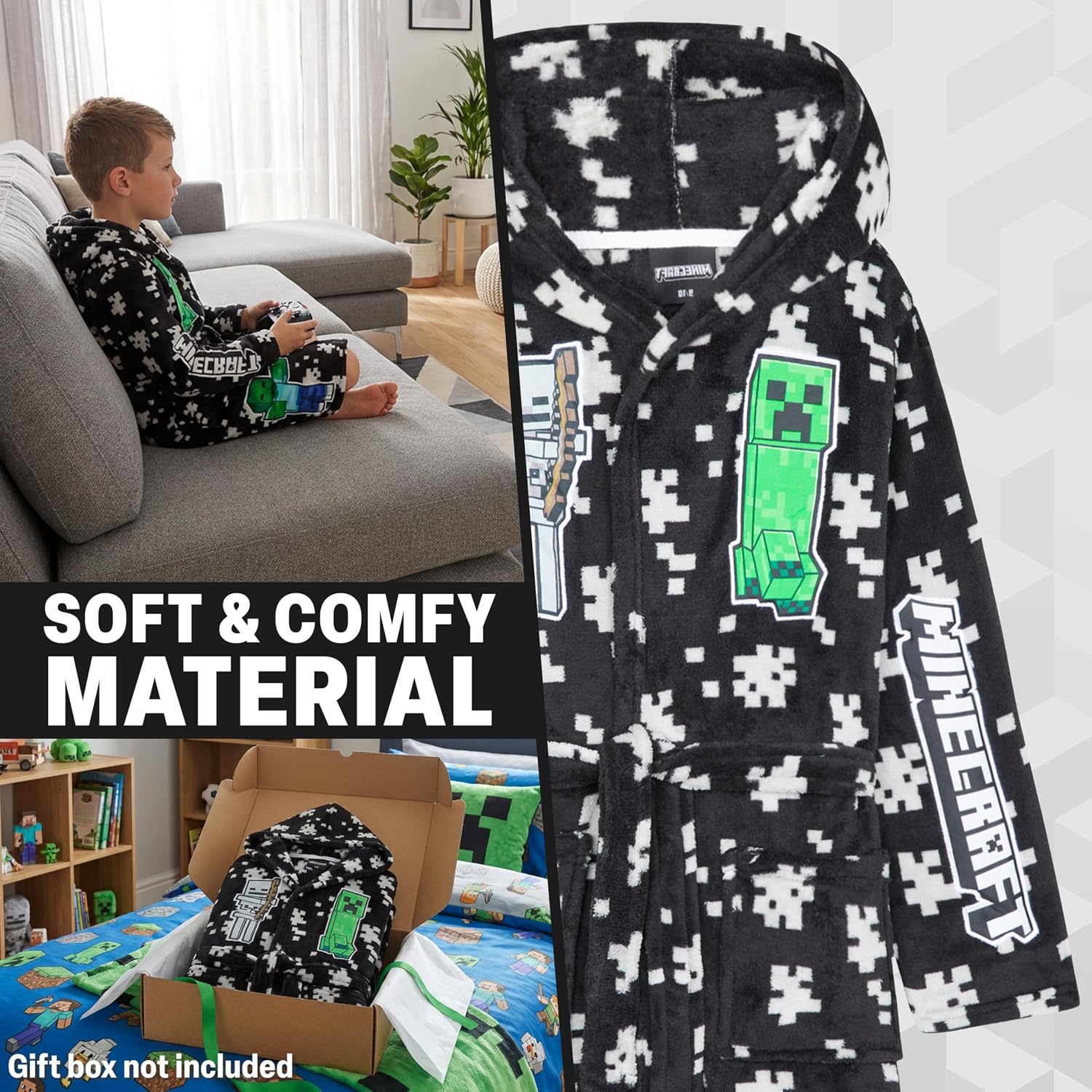 Get Trend Minecraft Robe for Boys Teens, Hooded Dressing Gown, Creeper Loungewear Cozy Robes, Gamer Gifts for Boys