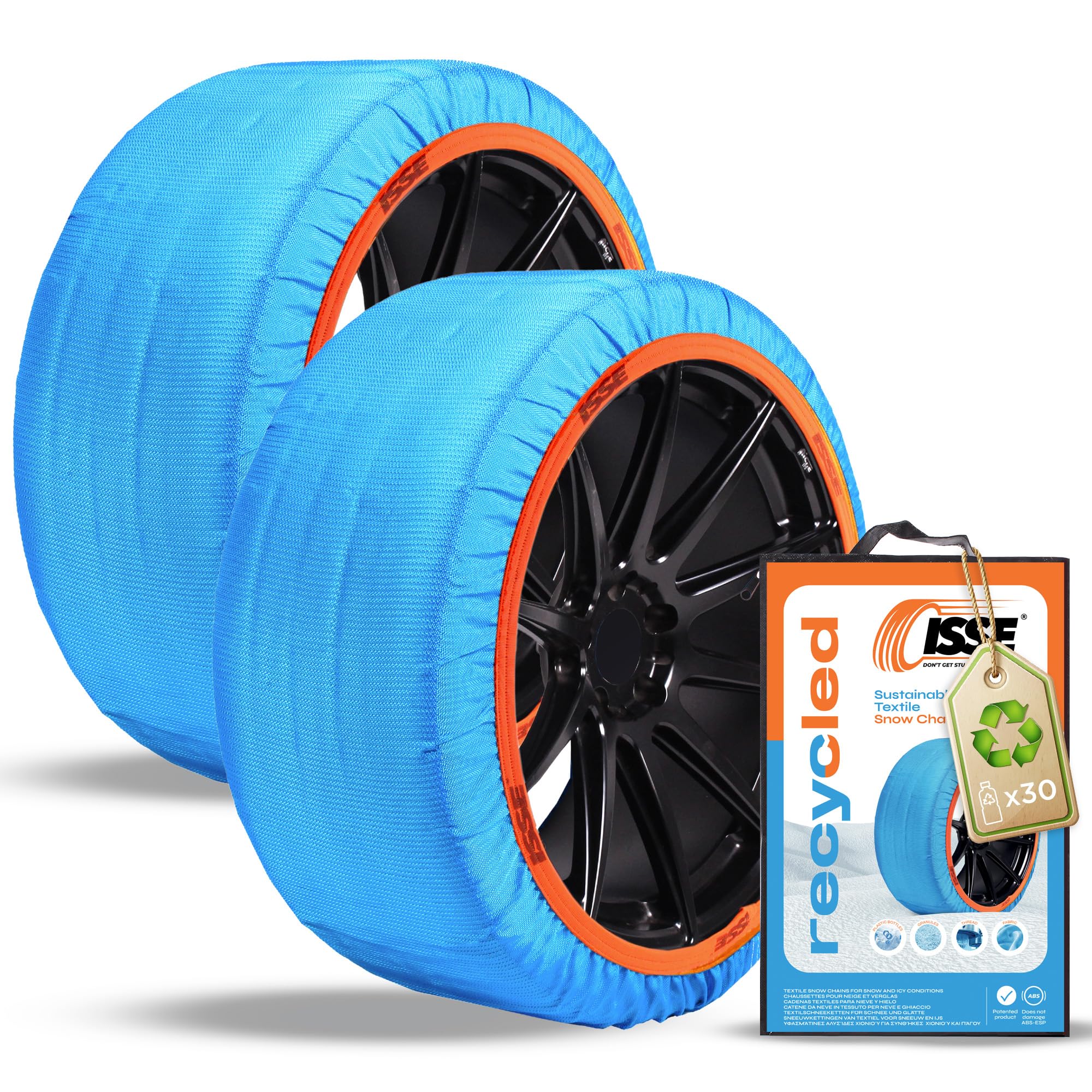 ISSE - Cadenas Coche Nieve Recycled |T-70| Homologación EN 16662-1 - Cadenas Nieve Téxtiles Fáciles de Instalar - Cadenas Nieve Coche Antideslizantes y Resistentes - Kit de 2 Cadenas + guantes