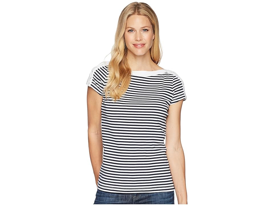 

CHAPS Lace-Up-Shoulder Striped Top (Navy Multi) Women's Short Sleeve Pullover