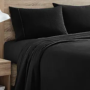 Flannel Sheets Warm and Cozy Deep Pocket Breathable All Season Bedding Set with Fitted, Flat and Pillowcases, Full, Black