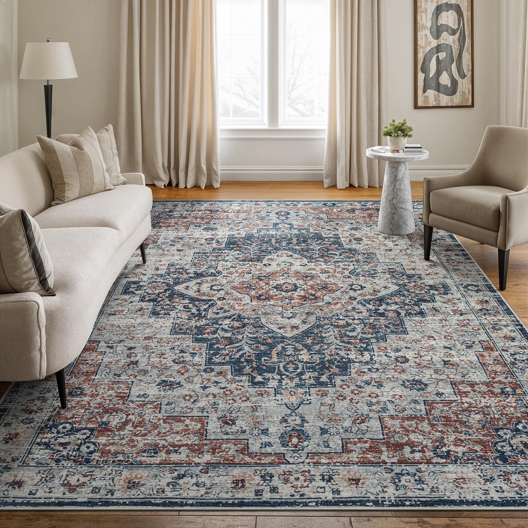 Bloom Rugs Caria Washable Non-Slip 8x10 Rug - Terracotta/Teal Traditional Area Rug for Living Room, Bedroom, Dining Room, and Kitchen - Exact Size: